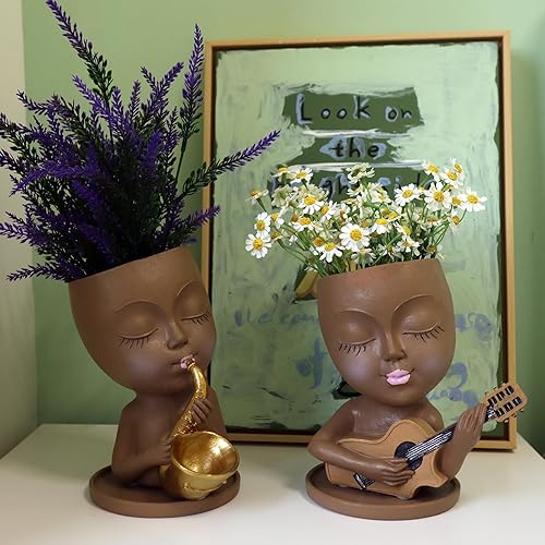 Miniatura 6 de Dolkgy Macetas de cara para plantas, bonita maceta de cara de mujer negra, maceta novedosa para niñas con bandeja para plantas de interior y