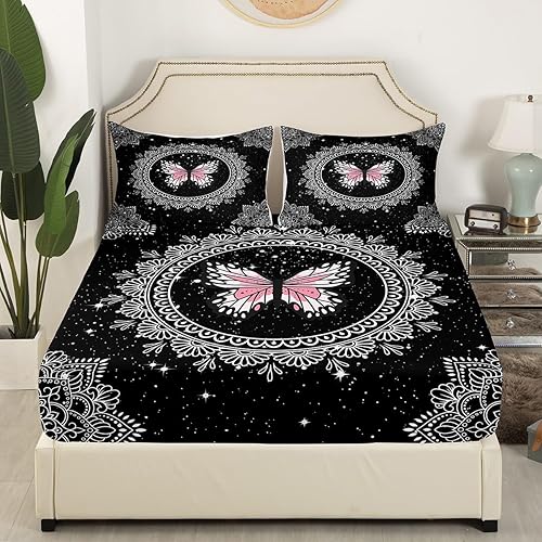 Miniatura 3 de Feelyou Juego de sábanas de mariposa tamaño Queen para niños y niñas, juego de sábanas de mandala bohemio para niños, sábanas negras y rosas con
