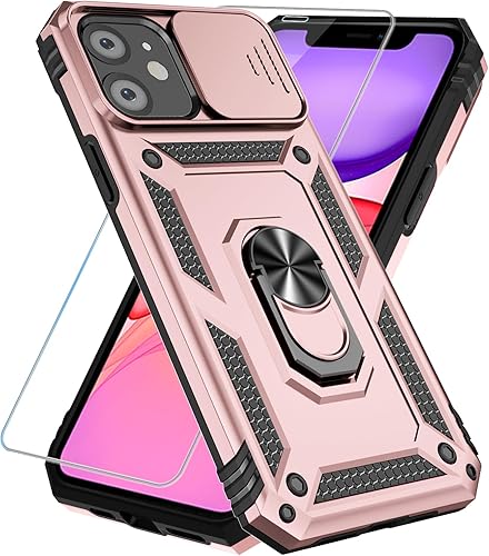 SunStory Funda para iPhone 11 con protector de pantalla de vidrio templado, cubierta de cámara deslizante y soporte, funda para iPhone 11 grado