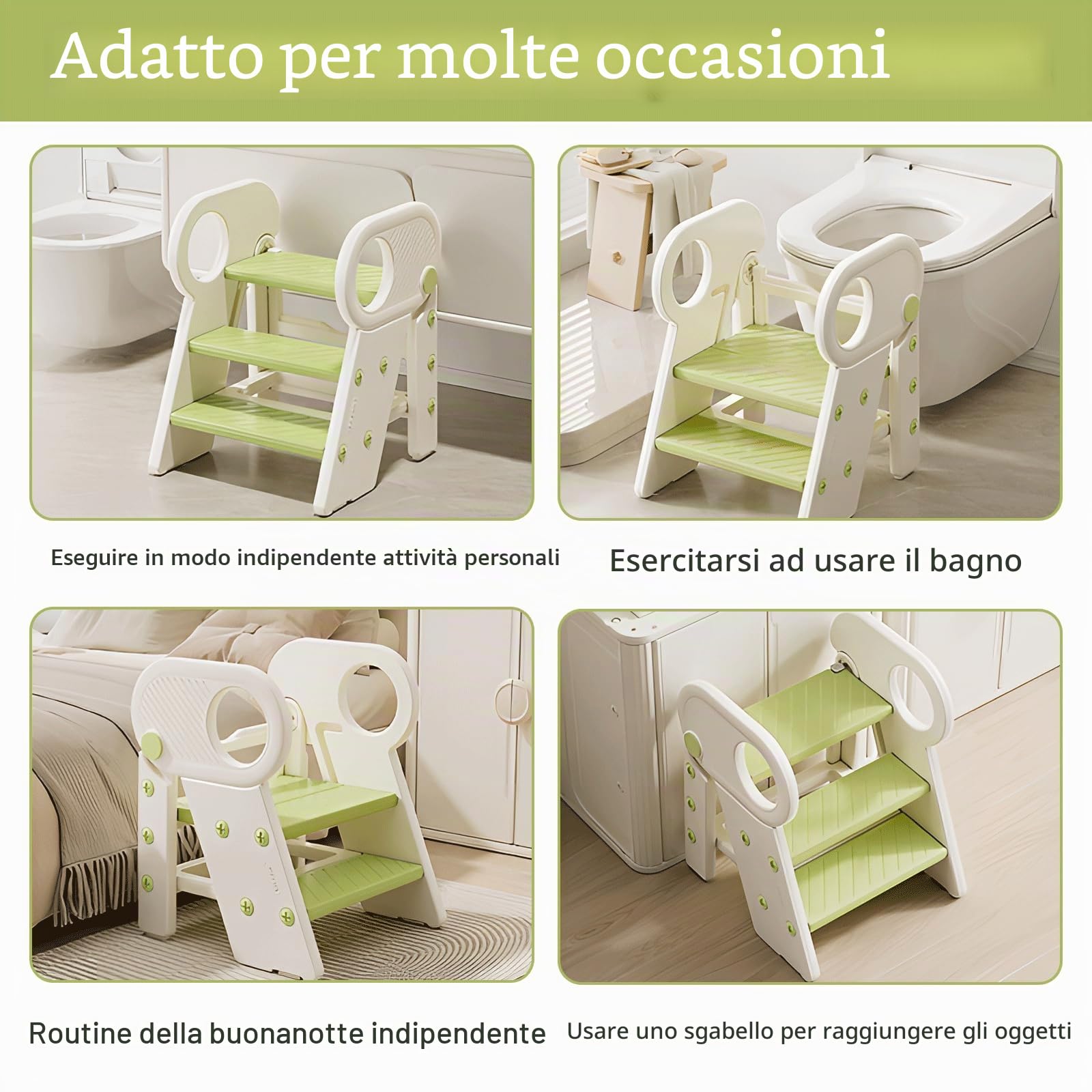 Sgabello per Bambini Pieghevole Scaletta Regolabile a 2/3 Gradini con Corrimano,Antiscivolo,Sgabello Pieghevole per Bambini per Bagno, Cucina, WC e Lavandino