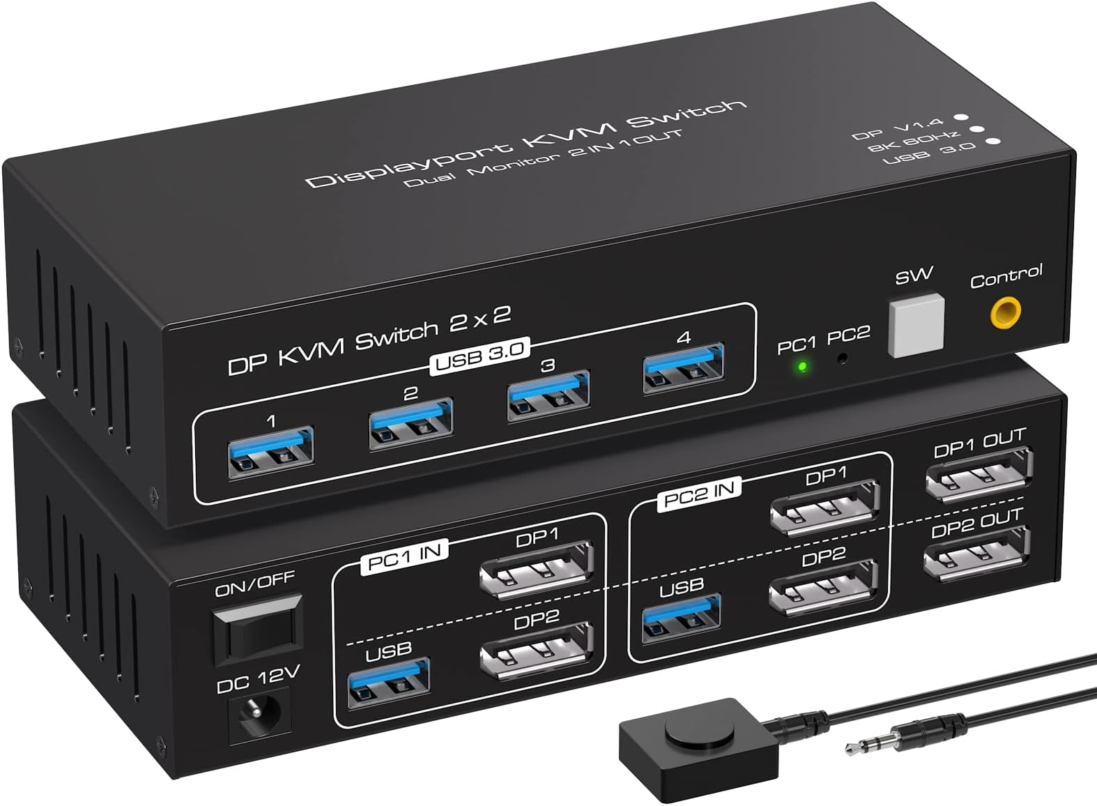 Displayport KVM Switch 2 Monitors 2 Computers 8K 60Hz 4K 120Hz Dual Monitor USB 3.0 KVM Switches for 4 USB Devices, Wired Extension Button,12V DC Adapter and USB3.0 Cables