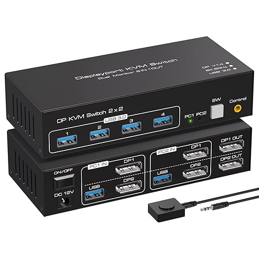 Displayport KVM Switch 2 Monitors 2 Computers 8K 60Hz 4K 120Hz Dual Monitor USB 3.0 KVM Switches for 4 USB Devices, Wired Extension Button,12V DC Adapter and USB3.0 Cables