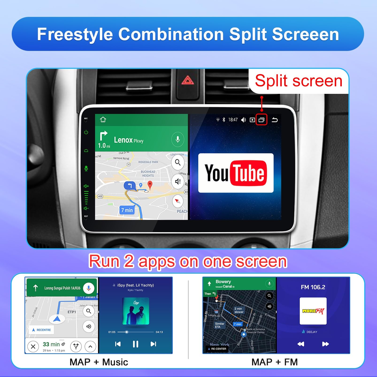 Staccabile Autoradio 1 Din Android con Schermo DAB+ Android Auto Wireless & Carplay Wireless 10 Pollici QLED Touch Screen Stereo Auto Bluetooth con 8 Core 2G+32G AM/FM WiFi 4G USB Universale