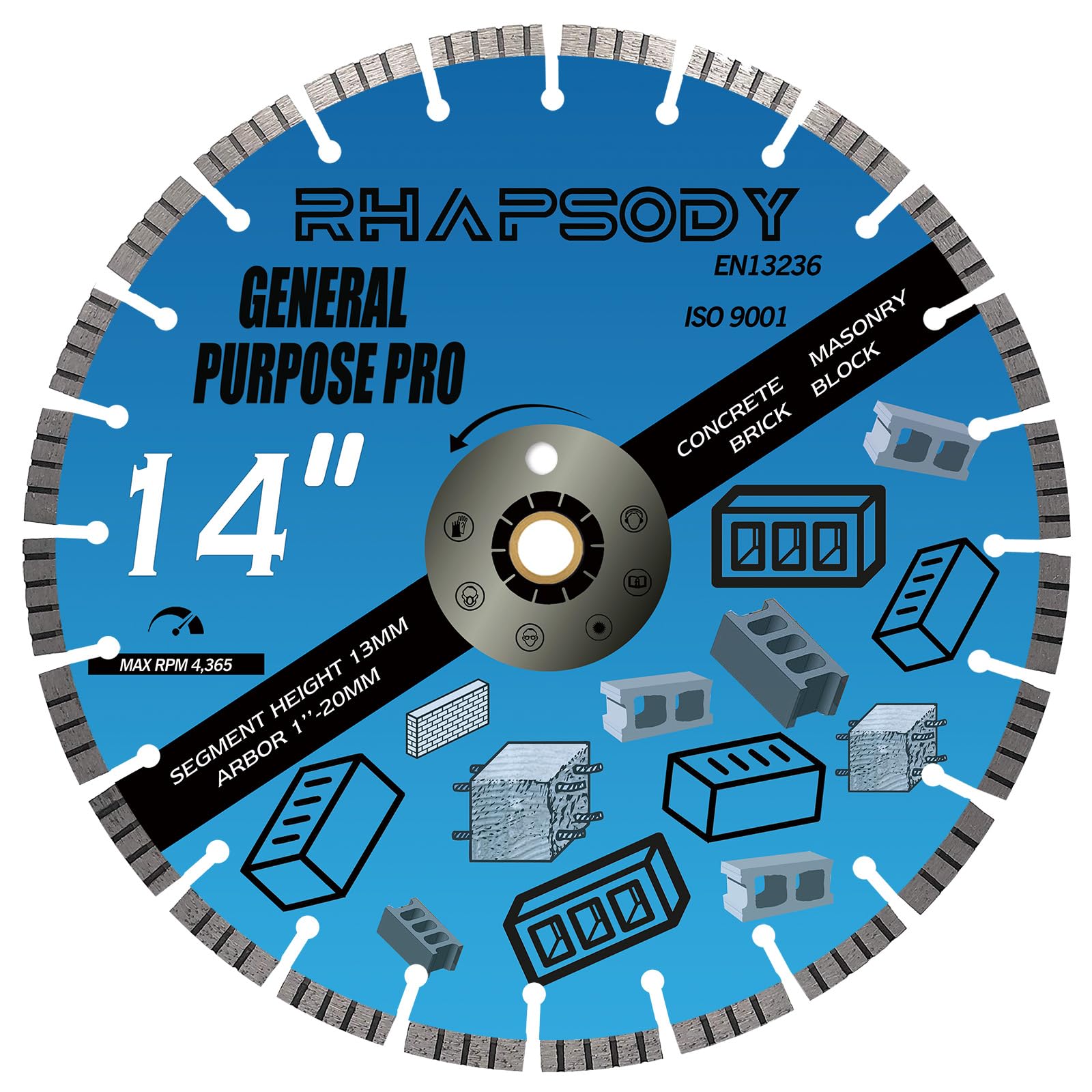 RHAPSODY 14 Inch Diamond Concrete Saw Blade, Turbo Segmented General Purpose Blade Dry/Wet Cutting Concrete, Reinforced Concrete, Masonry, Brick,