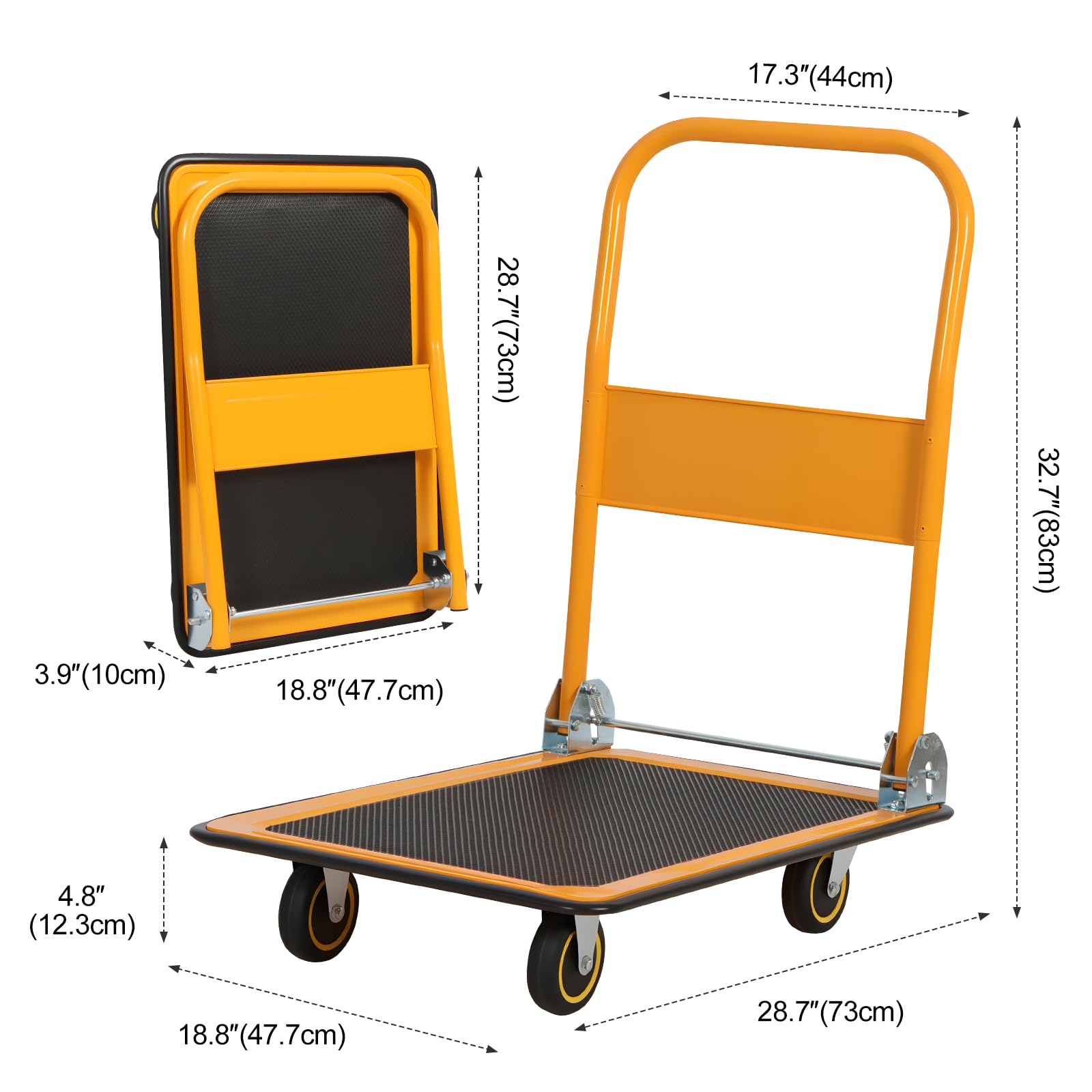 Panana Chariot à Plateforme, Chariot de Transport Pliable avec Capacité de Charge 150kg, Diable de Manutention, Plateau Transport à roulettes Pivotantes pour Chargement et Stockage (Orange et Noir)
