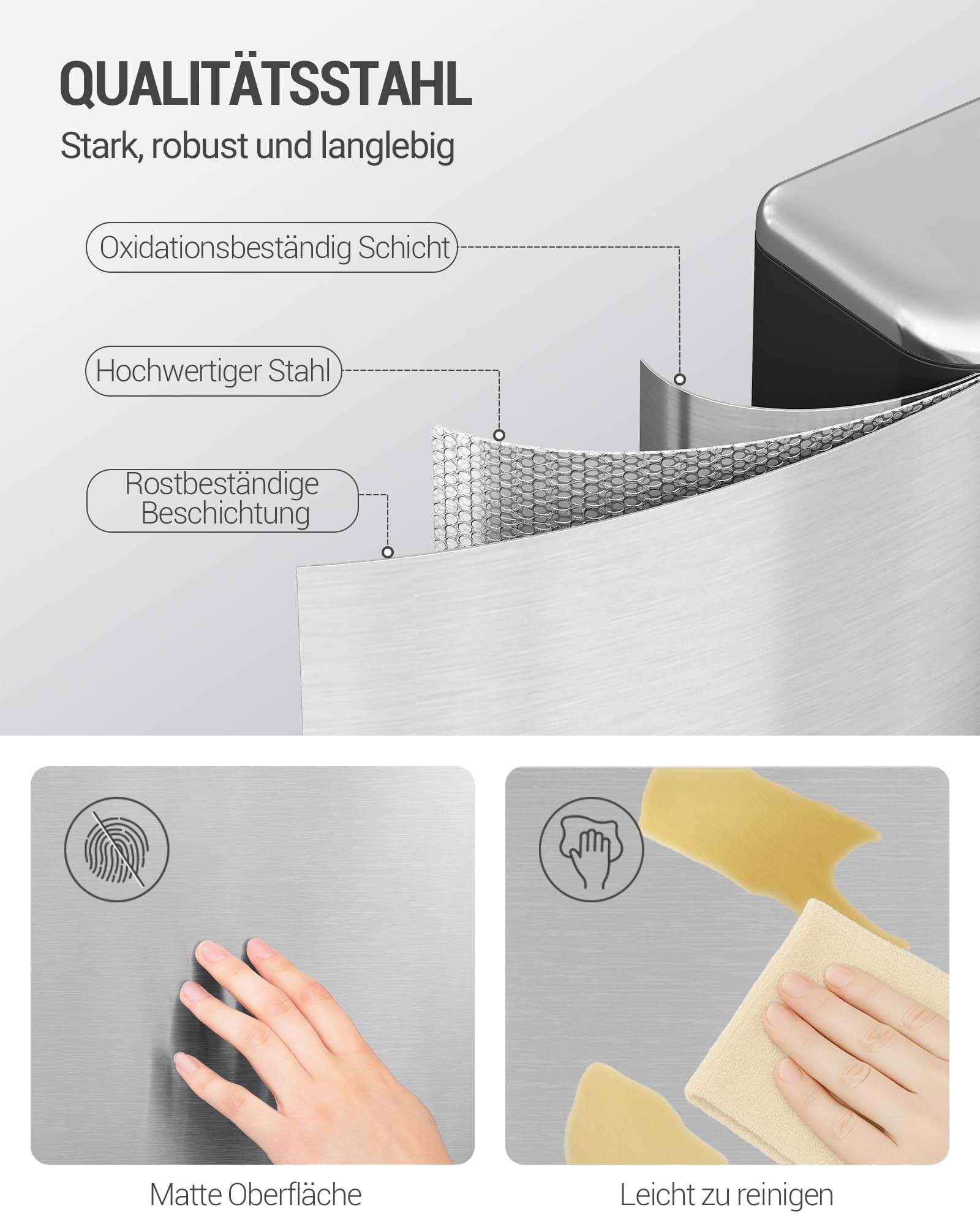 Hzuaneri Mülleimer Küche, 30L Abfalleimer mit Tretpedal, Tretmülleimer mit Softclose-Deckel und Inneneimer, Küchenmülleimer mit 15 Müllbeuteln, Stahl, Silber SW13099B