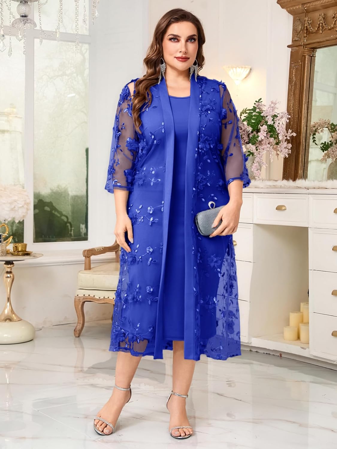 Plus Size Mother of The Bride Formal 2 Piece Dress Set with 3D Floral Mesh Jacket Dressy Suit Outfits Guest