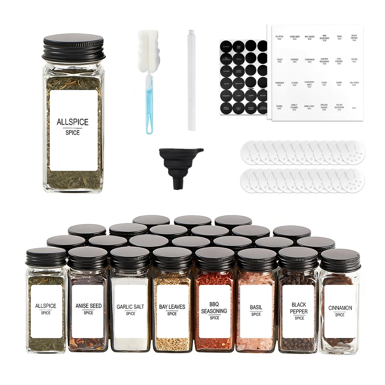 Set di 24 Barattoli per Spezie in Vetro Quadrati da 120ml, con Etichette, Coperchio Dispensatore, Imbuto – Portaspezie Organizzatore da Cucina, Barattoli Ermetici, Nero