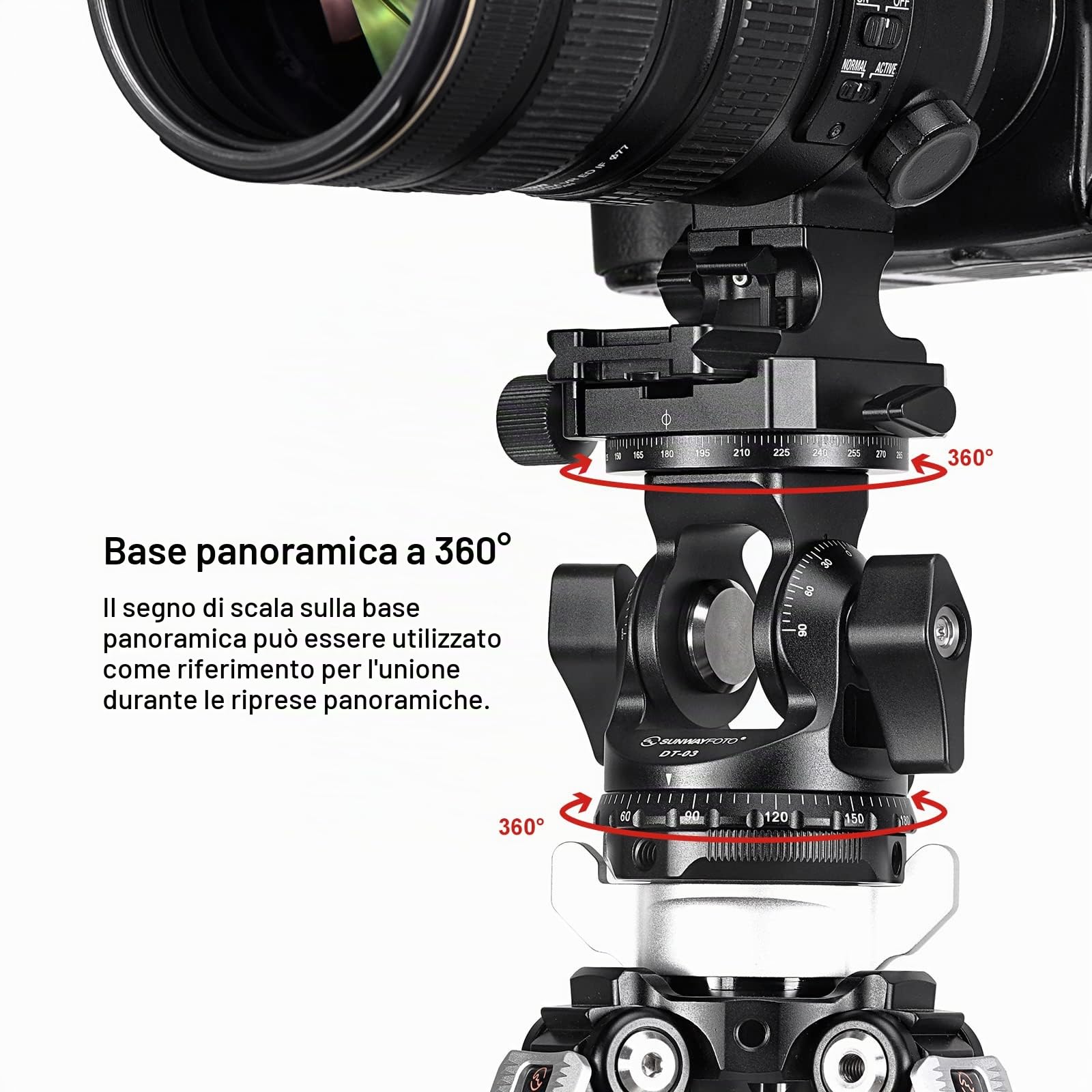 SUNWAYFOTO DT-03R - Testa inclinabile bidirezionale per monopiede e treppiede con morsetto di rotazione panoramica, capacità di carico 6,8 kg