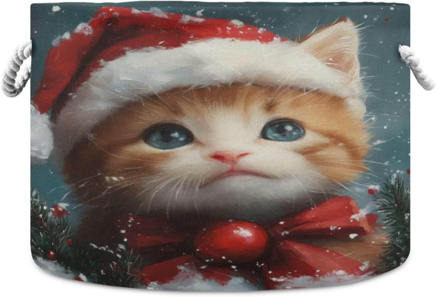Christmas Kitten Extra Large Storage Basket Decorative Laundry Basket with Handles, Rope Basket for Clothes, Blanket, Towel, 20 x 14 Inch