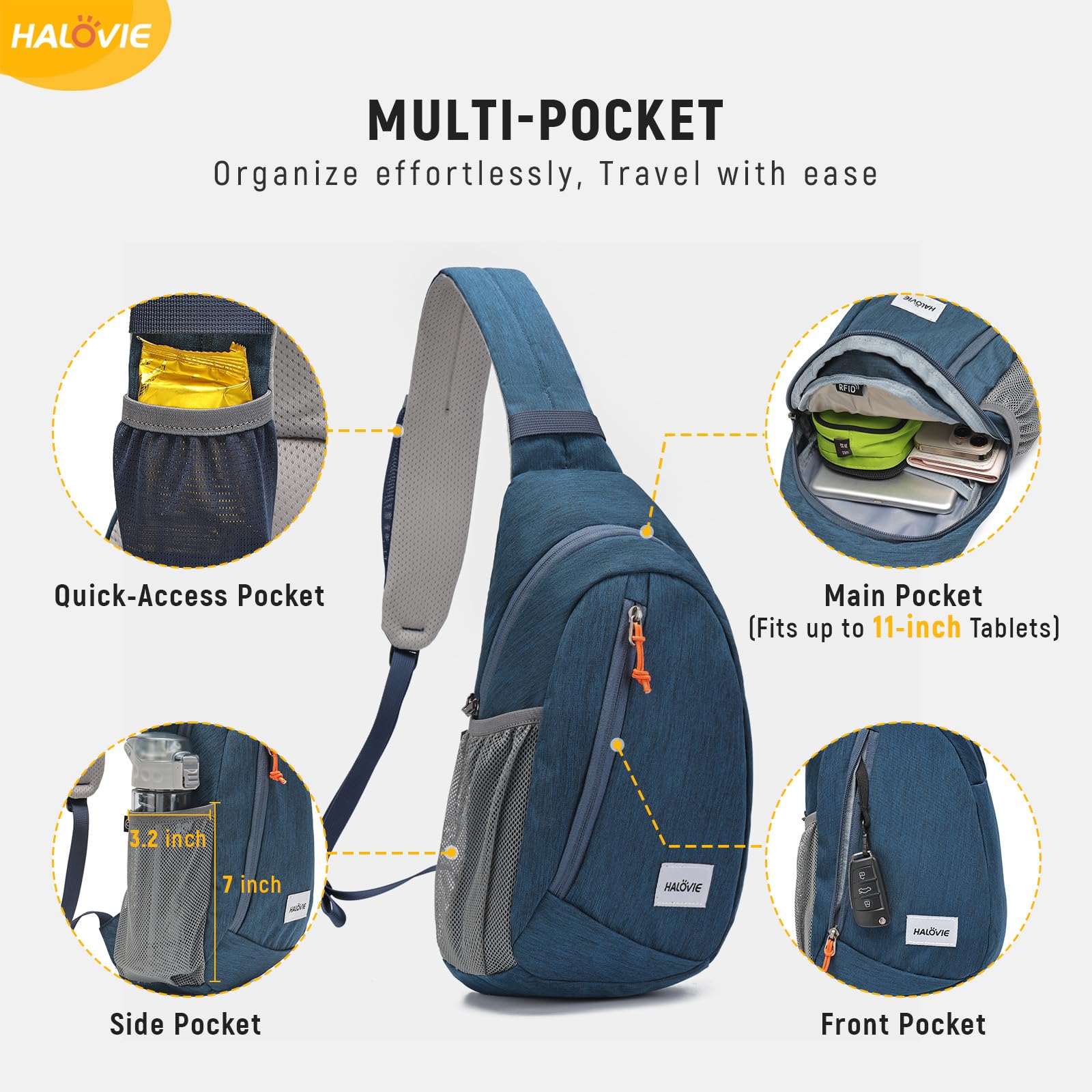 Mochila cruzada antirrobo, mochila de viaje RFID, ligera, bolsa de hombro para caminar y trabajar, Azul, Pequeño 3