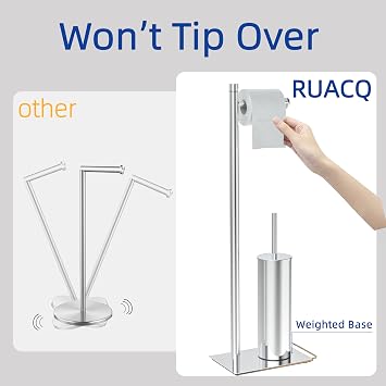 RUACQ Toilet Roll Holder with Toilet Brush Free Standing, Chrome