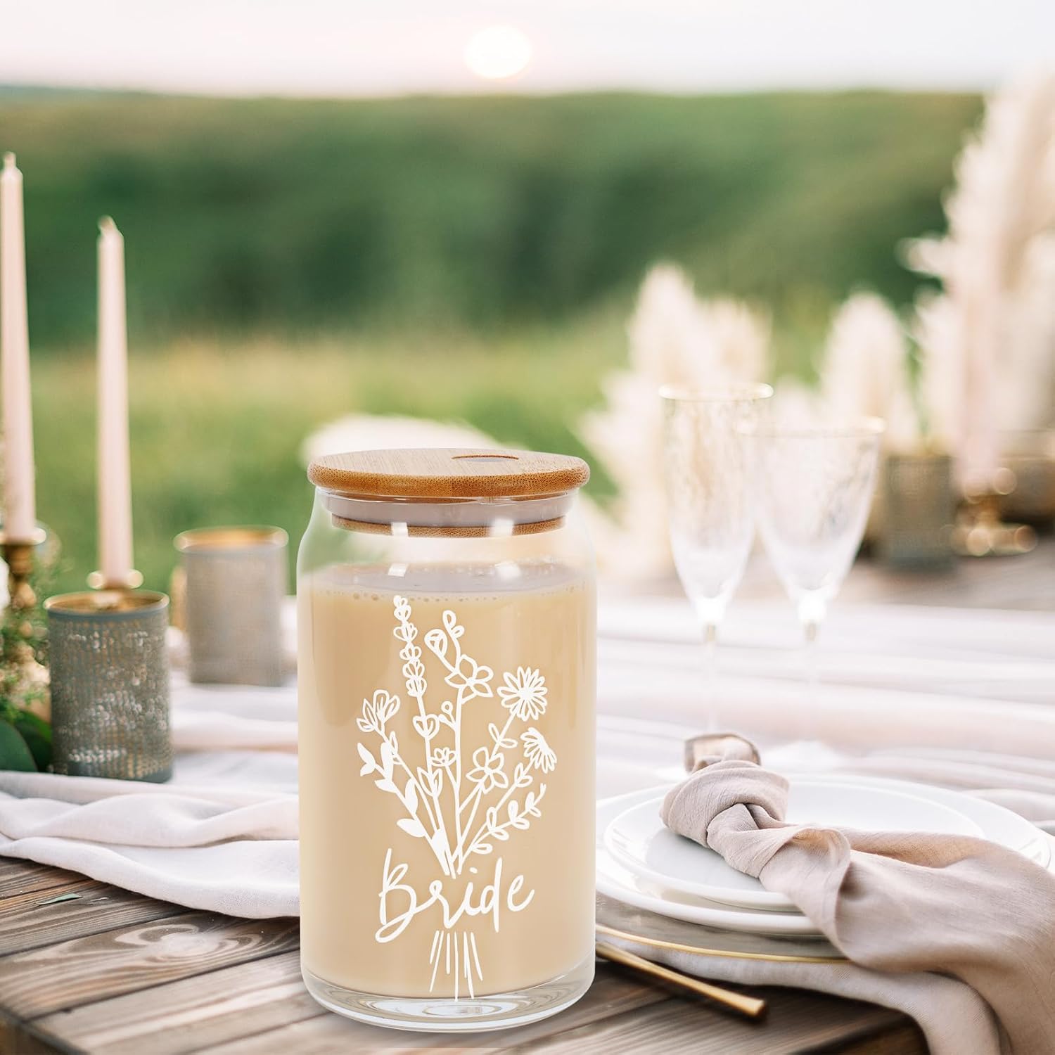 Whaline Bride Wedding Drinking Glasses 16oz Flower Glasses Cup with Bamboo Lids Glass Straw Cleaning Brushes Bride Shower Ice Coffee Cup for Cocktails Whiskey Beer Soda Wedding Gifts - Image 6