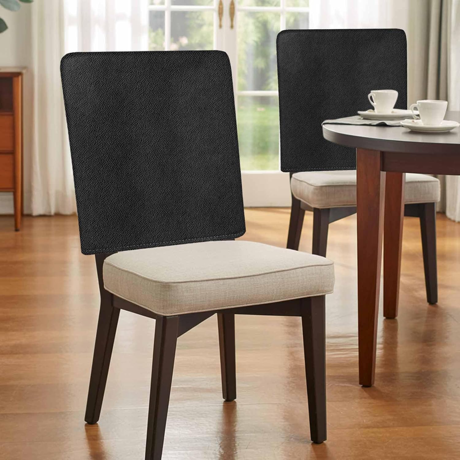 Dining Room Chair Back Covers Set of 4 Vintage Solid Black Leather Removable Kitchen Chair Seat Covers Protector Retro Cowhide Texture Slipcovers for Weeding Holiday Party Decor