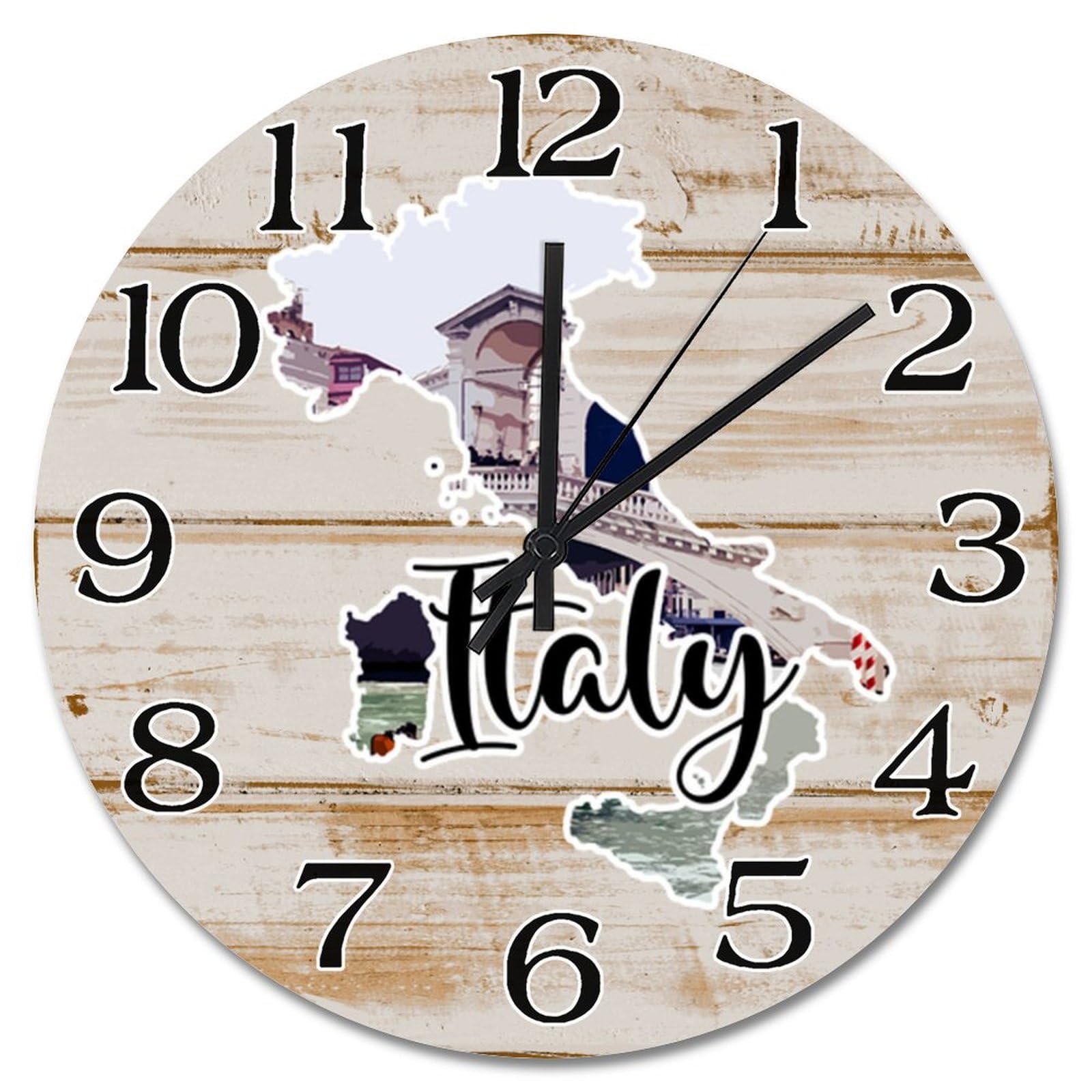 Horloge murale paysage Italie 38cm en bois fin contre les tics-tacs bruyants
