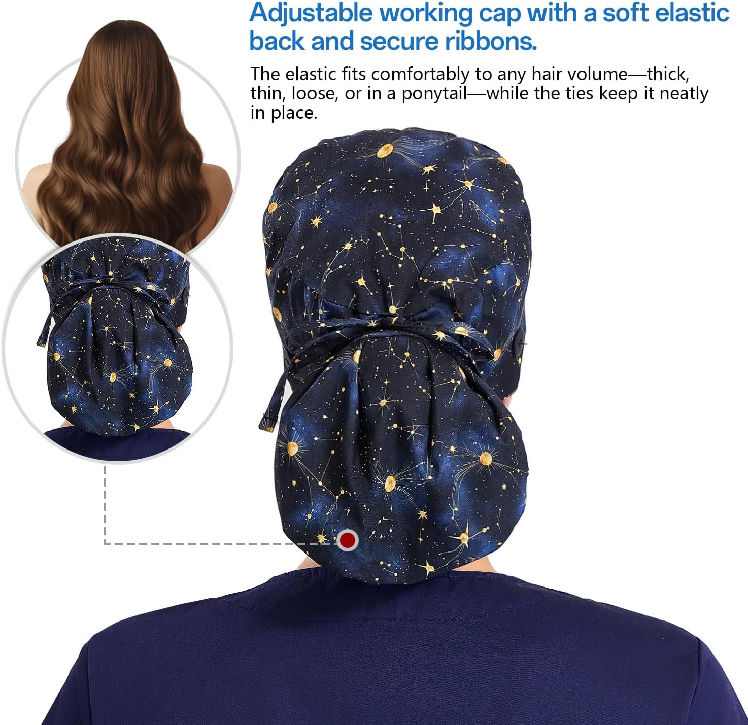 Satin Lined Scrub Cap, Scrub Hat Ponytail Women, Surgical Cap with Buttons & Sweatband, Cotton, Silk Lined - Image 3