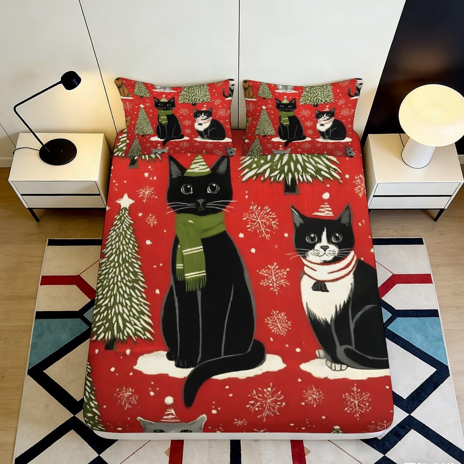Pnayamiorkfel Style-2 3D Printed Christmas Cat Fitted Sheet Microfiber Red Cartoon Tree Mattress Cover Bedroom Guest Room Decor 90X200x25cm