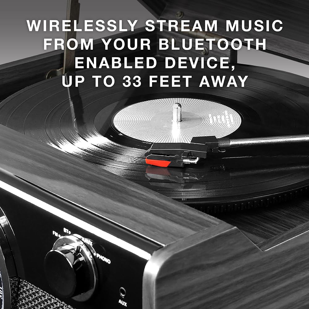 Metropolitan - Reproductor de discos Bluetooth 4 en 1 y centro multimedia - Tocadiscos de 3 velocidades accionado por correa con altavoces integrados, radio AM/FM, transmisión de música 3