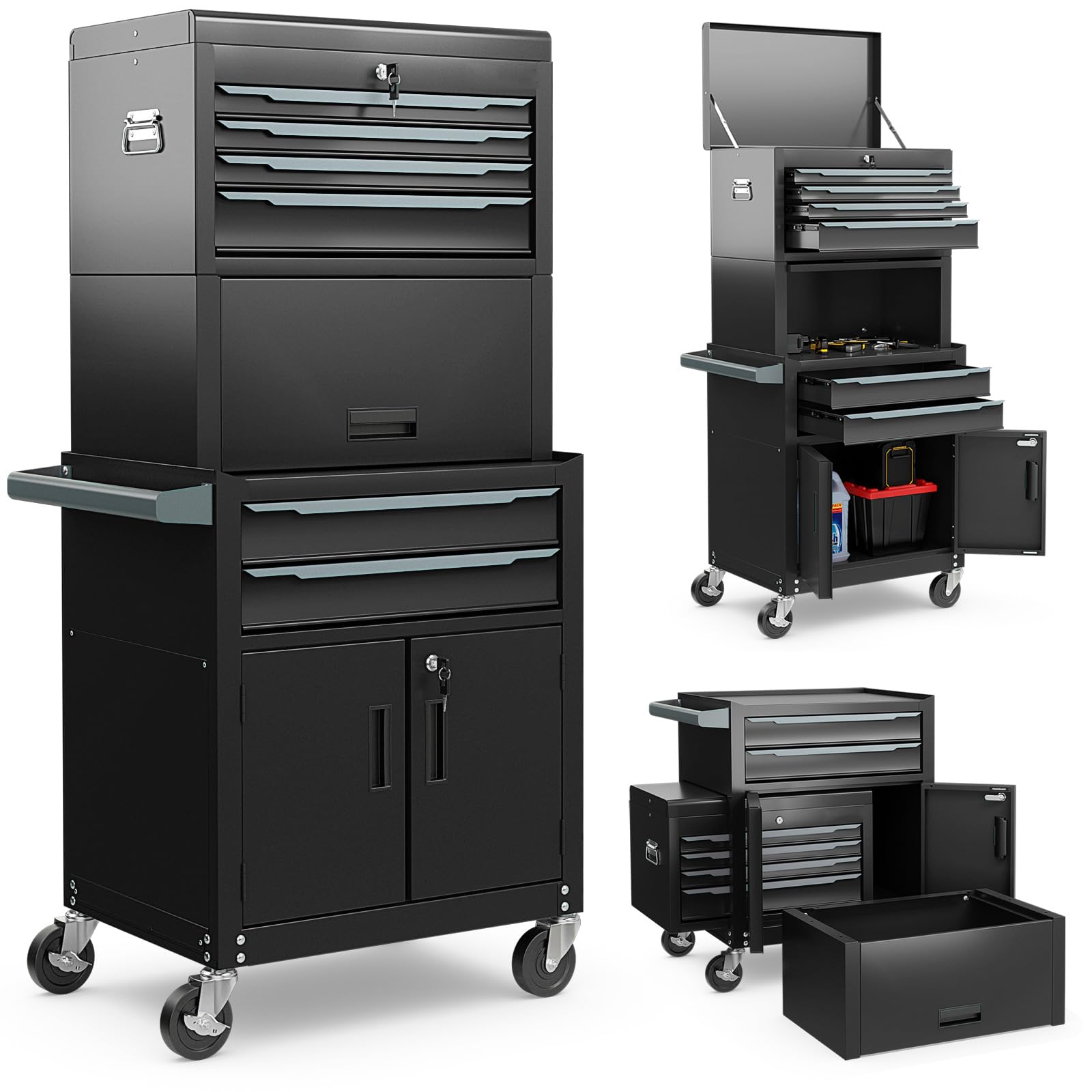 COSTWAY Large Tool Cabinet, Lockable Metal Tool Chest Combo with Detachable Top Cabinet, Wheels, 6 Drawers & Hooks, Heavy-duty Rolling Toolbox Trolley (3-in-1, with Middle Compartment, Black)