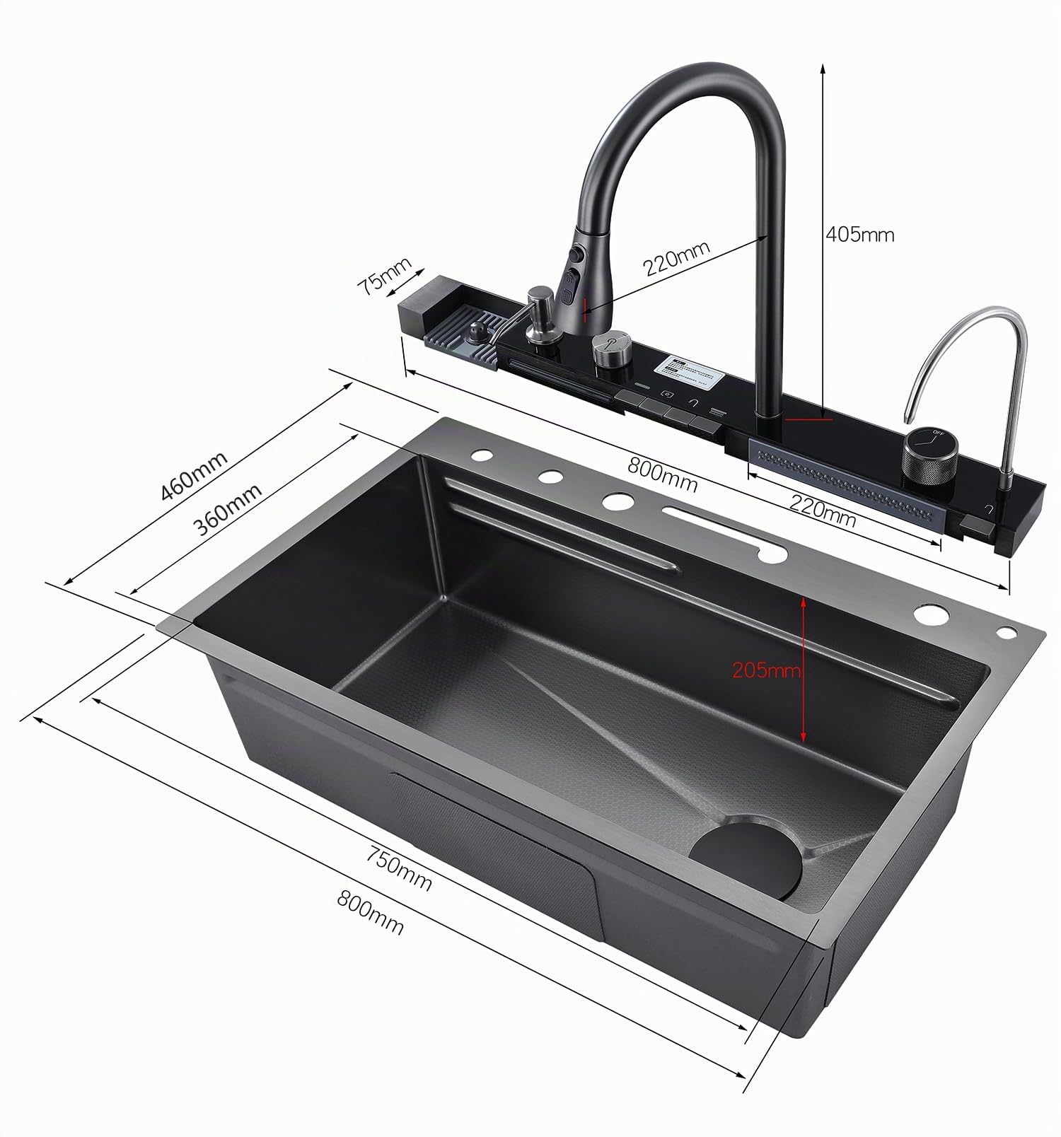 Fregadero de cocina, fregadero de acero inoxidable T304, fregadero de cocina multifuncional, fregadero cascada, fregadero empotrado con grifo digital multifuncional y varios accesorios (80x45cm)