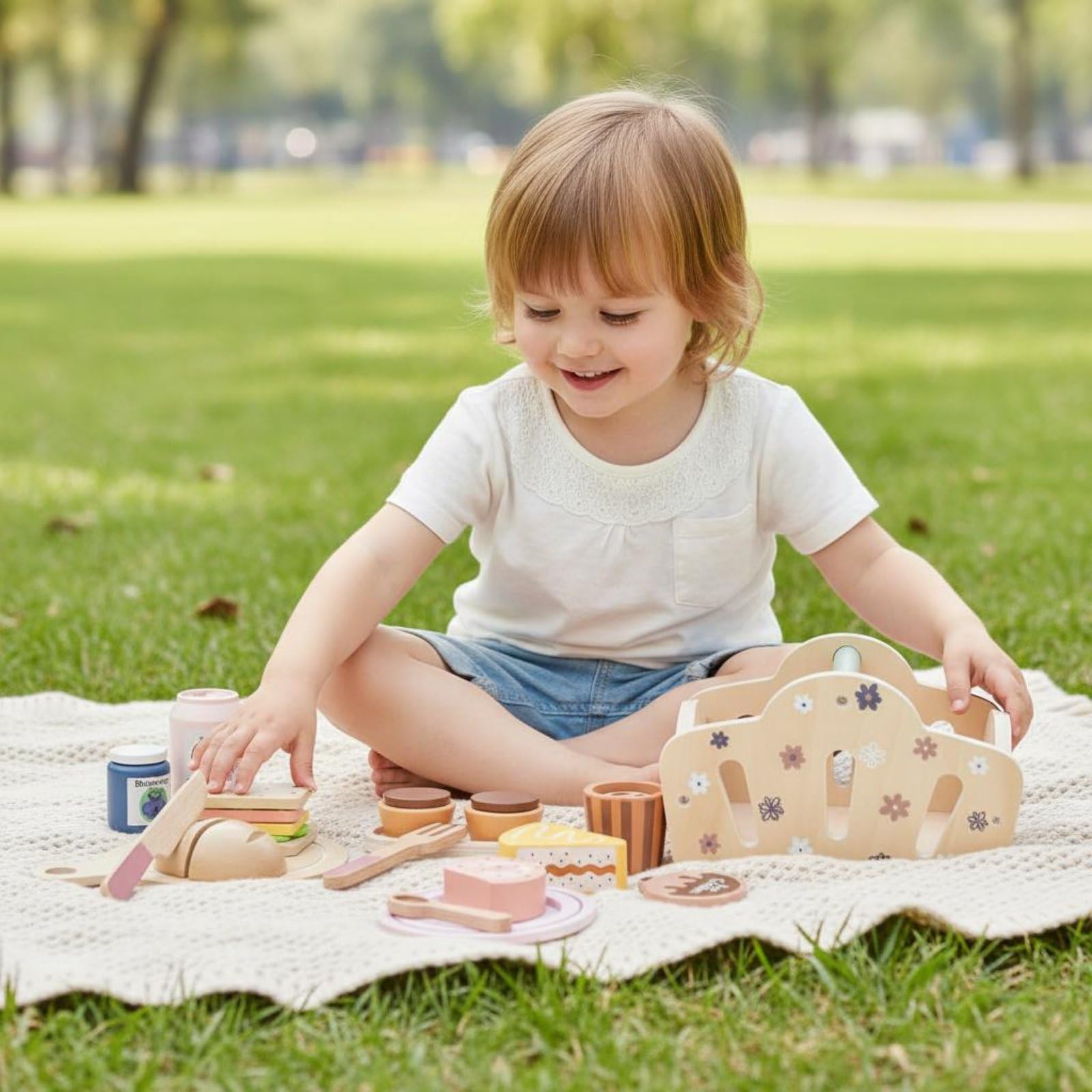 Juego de Picnic Infantil Cocina de Juguete Canasta Madera Pan Set Simulación Rebanable y Sándwich Apilable Aprendizaje Social y Motricidad Fina Adecuado para Juego en Viajes