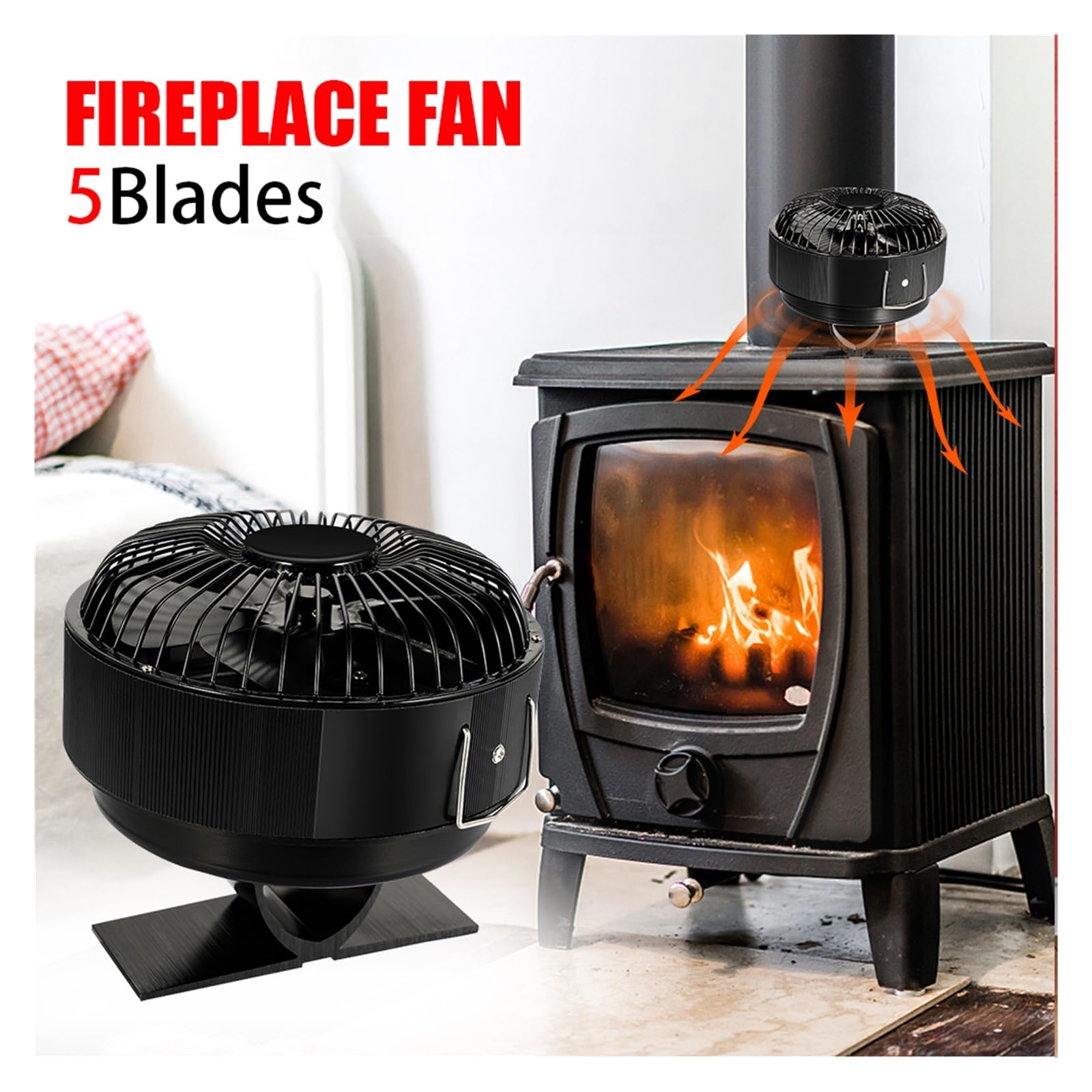 Ventilador De Estufa 5 Aspas, For Hogar Alimentado Por Calor Con Cubierta, Termodinámico For Quemadores Madera Interiores Otoño E Invierno, Chimeneas Cálidas Vientos Fuertes(With Heat shield)