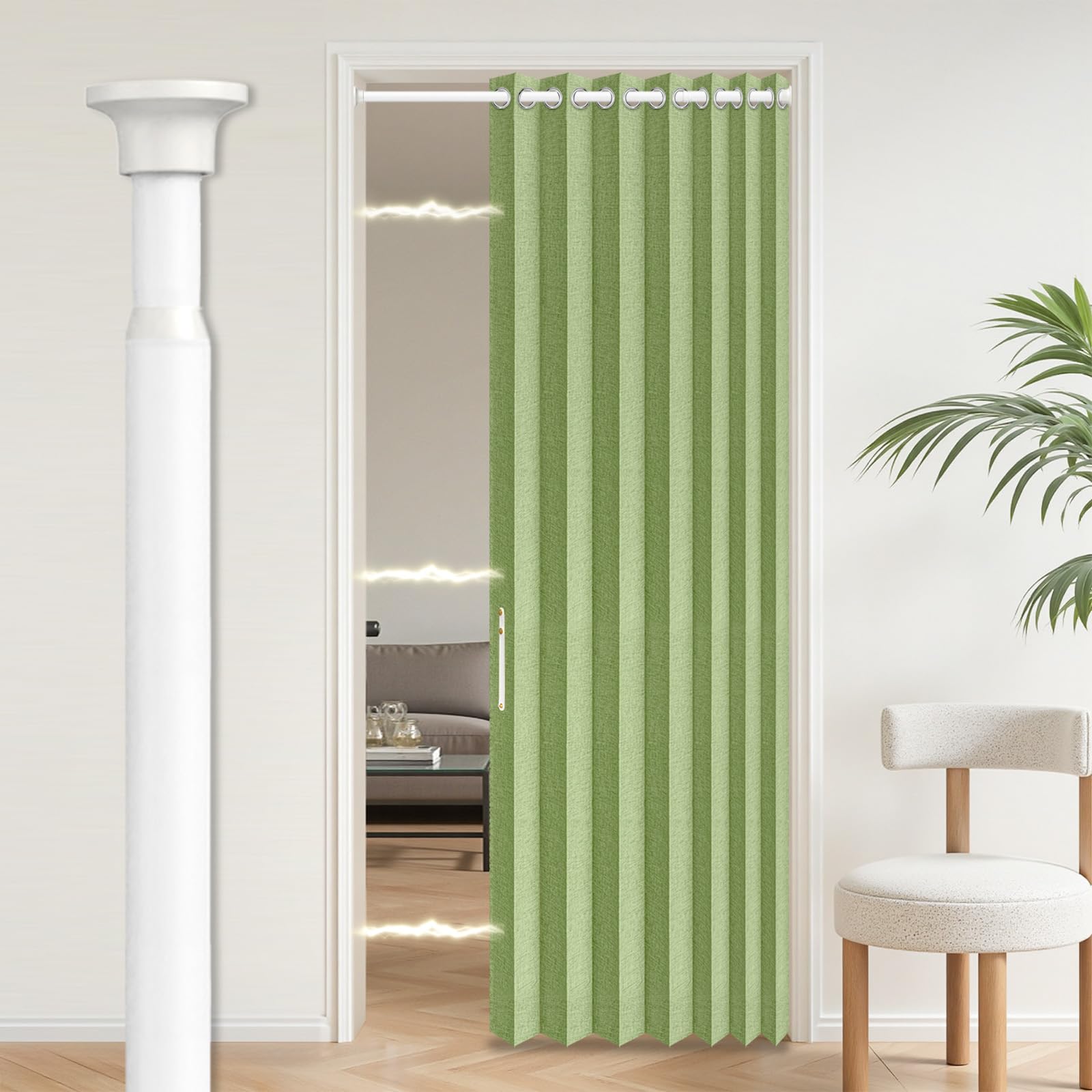 AJAZZ Blackout Accordion Door with Curtain Rods Adjustable 28-39" Long, Invisible Sliding Glass Door Curtain for Bedroom Living Room Doorway Curtain Set, 1 Pack, W45 x L80 in, Green