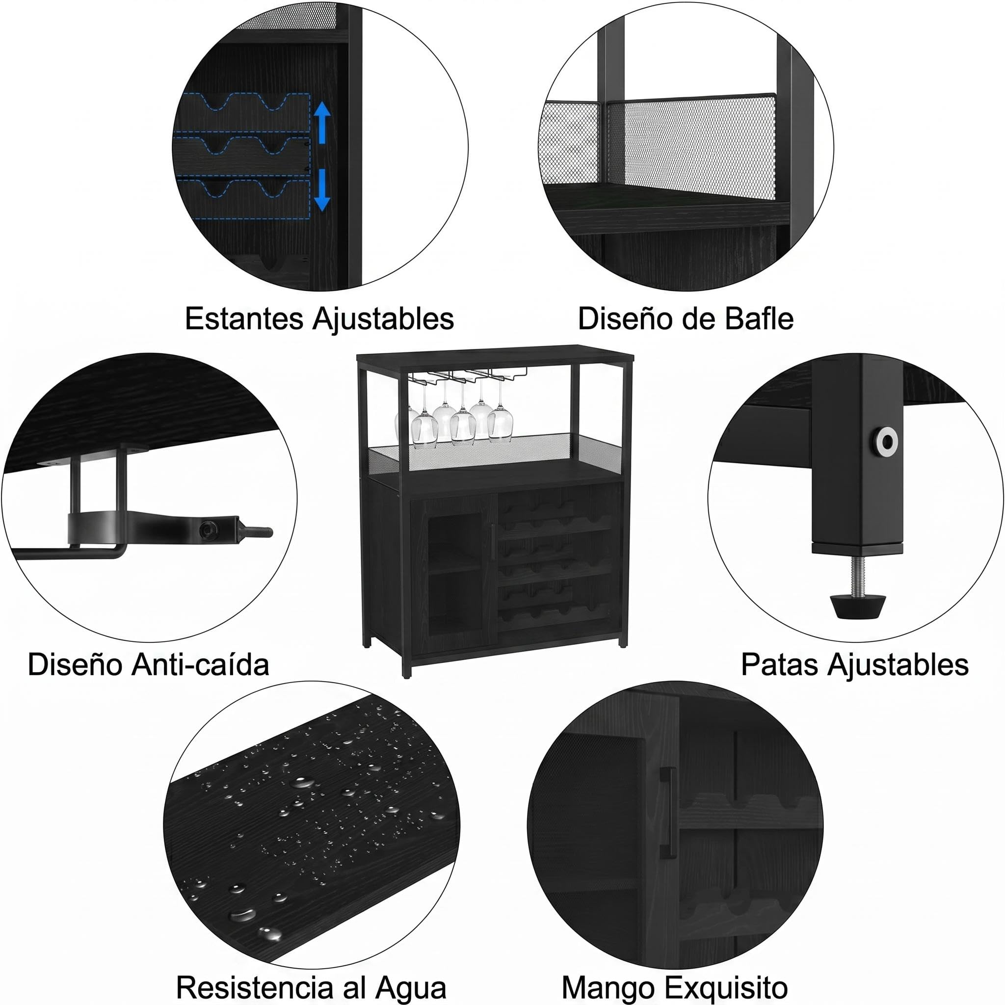 Garvee Armario para Vino Industrial con LED, Mueble Bar con Estante Ajustable 12 Botellas, Soporte para Copas, Puerta de Vidrio y Rejilla Metálica, para Cocina, Comedor o Salón, Negro 69 x 35 x 92 cm