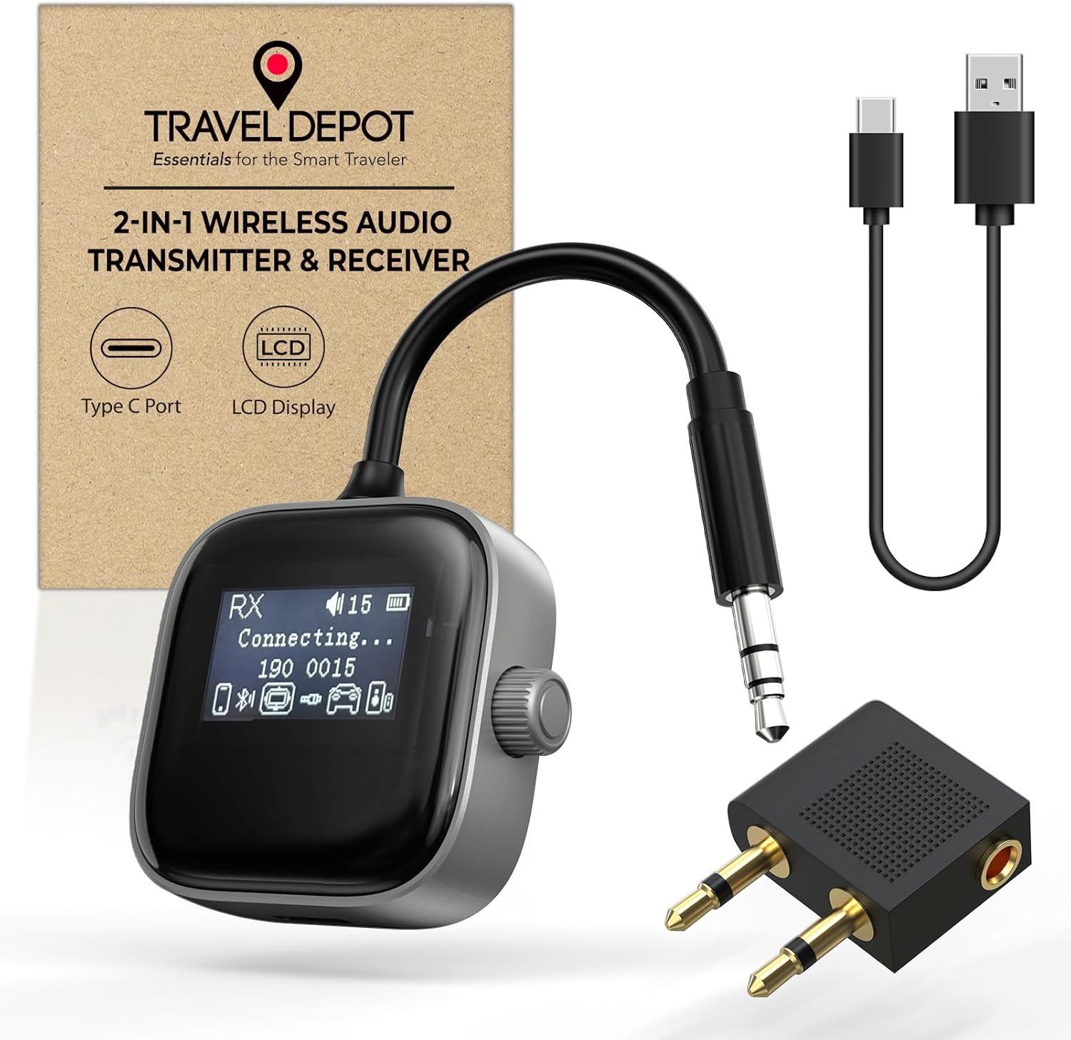 Airplane Bluetooth Transmitter Receiver for 2 Compatible w/AirPods Wireless Headphones, HD Display Low Latency 3.5mm AUX Jack 5.3 Bluetooth Audio Adapter for TV, Flying, Car, Gym, Stereo