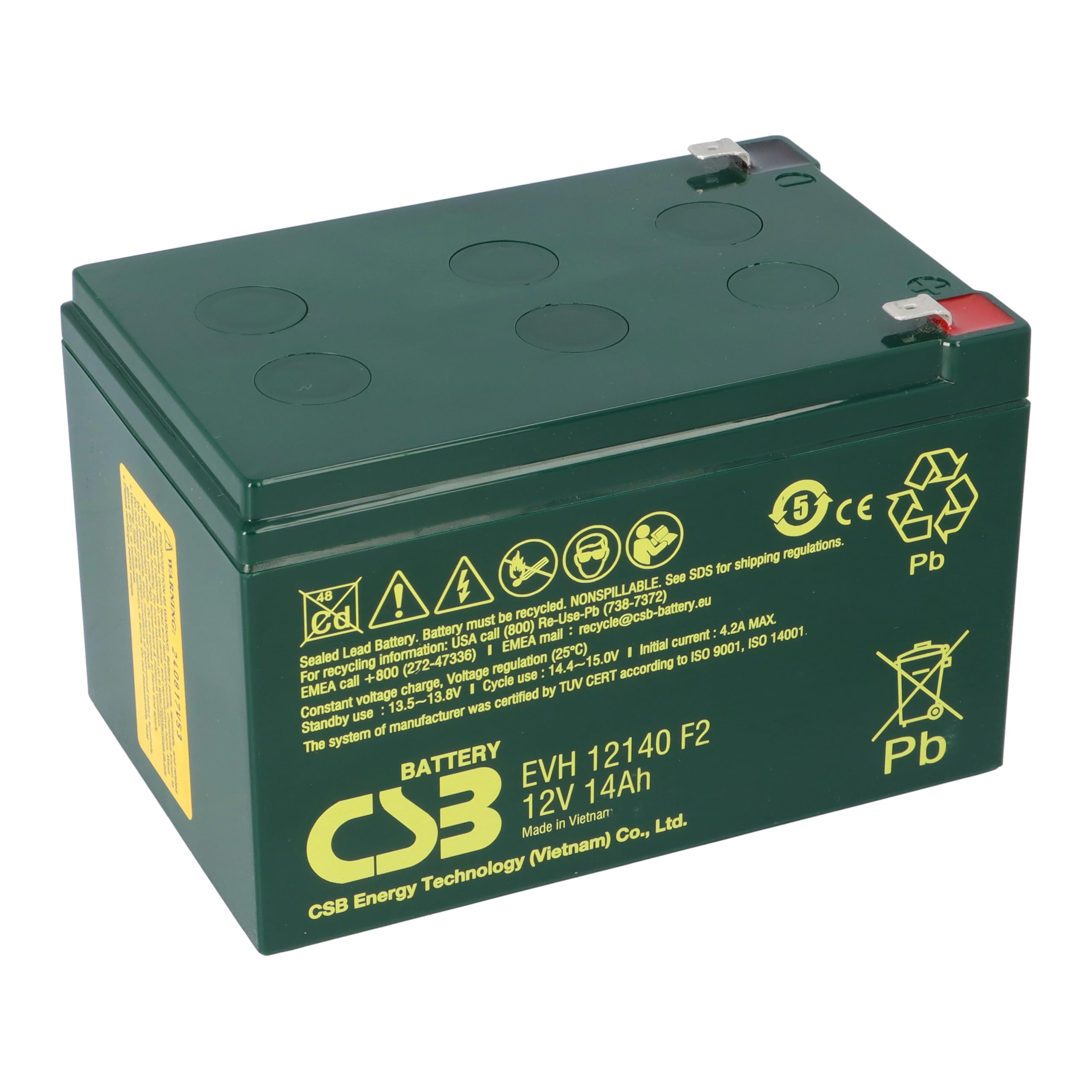 CSB EVH12140F2 Blei Akku 12V 14Ah Zyklenfest Faston F2 | Kompatibel Zu WP14-12SE, REC14-12, MP15-12C, MP12-12C Und WP12-12E - Langlebig