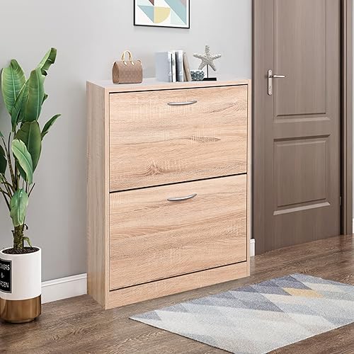 Miniatura 2 de SSLine Zapatero de ratán con 2 cajones abatibles, organizador de almacenamiento de zapatos con doble capa, armario estrecho de almacenamiento de