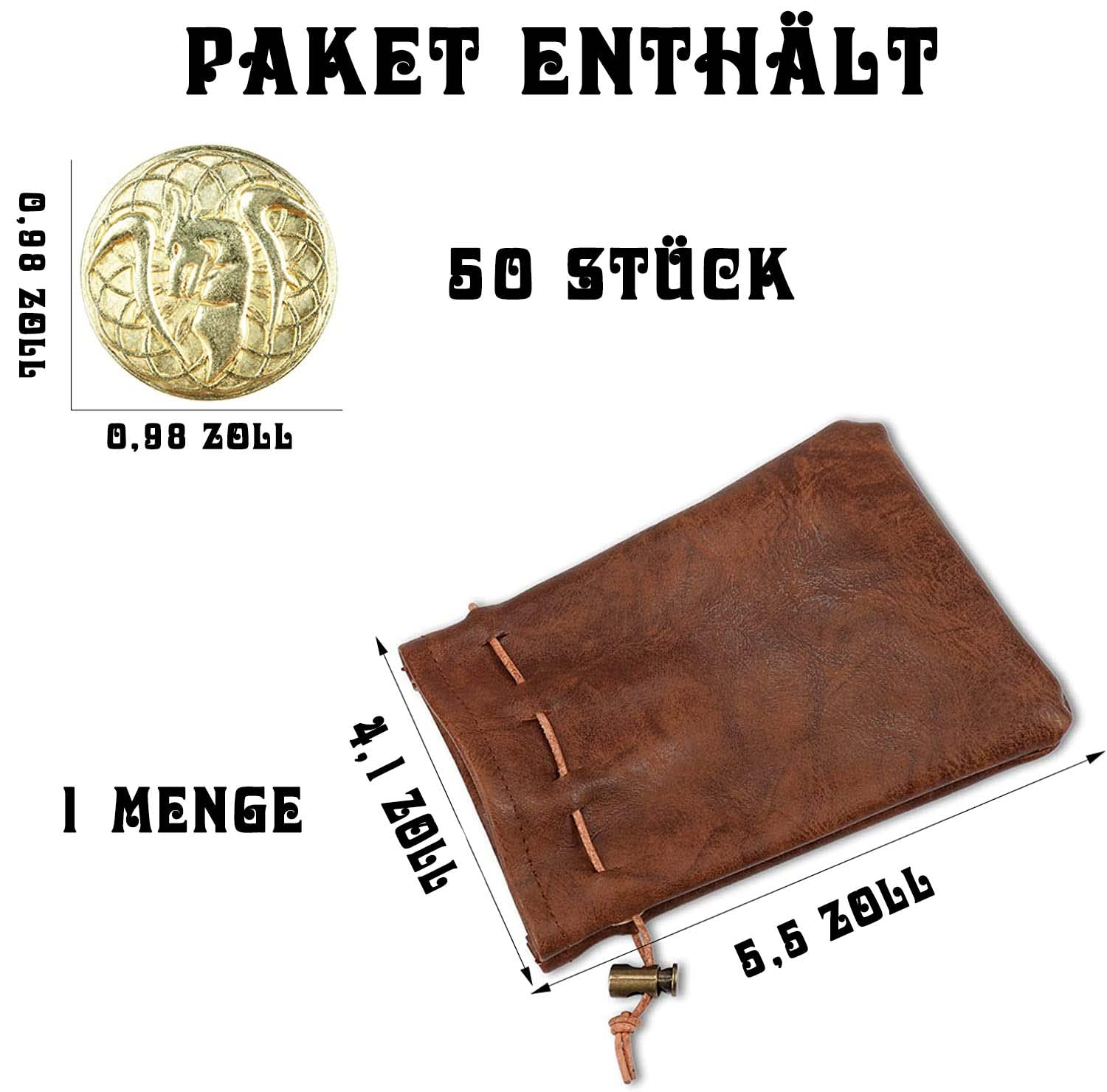 Byhoo 50 PCS Goldmünzen & PU Ledertasche, Metallmünzen für DND, Fantasy Münzen Schatz für Brettspiele, Falsche Münzen als Spielmarken für Dungeons & Dragons, Tabletop TTRPG Spiele