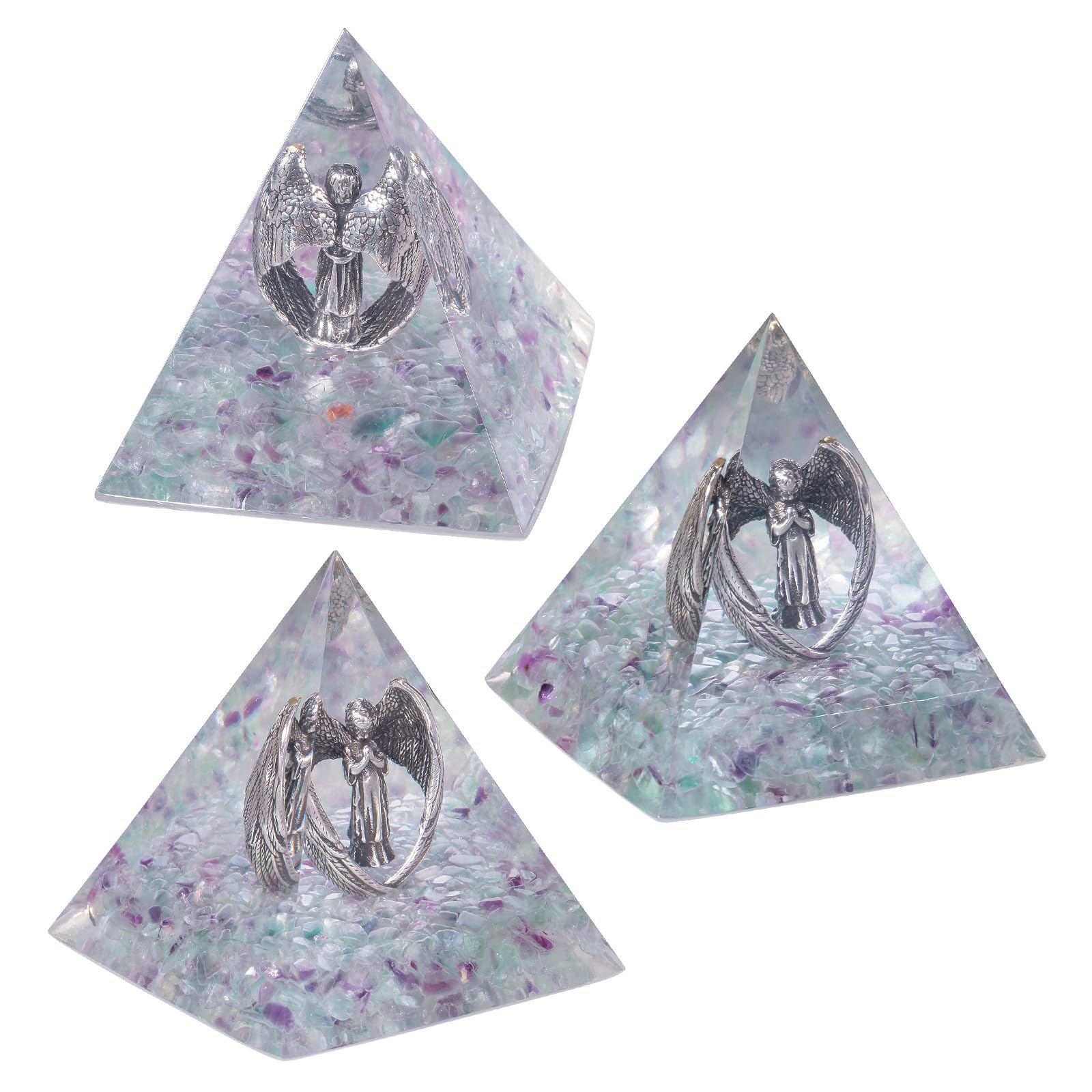 Nupuyai Angel Fluorite Crystal Pyramid Spiritual Ornament, Reiki Healing Stone Quartz Point Energy Feng Shui Pyramid Home Office Decor - Image 3