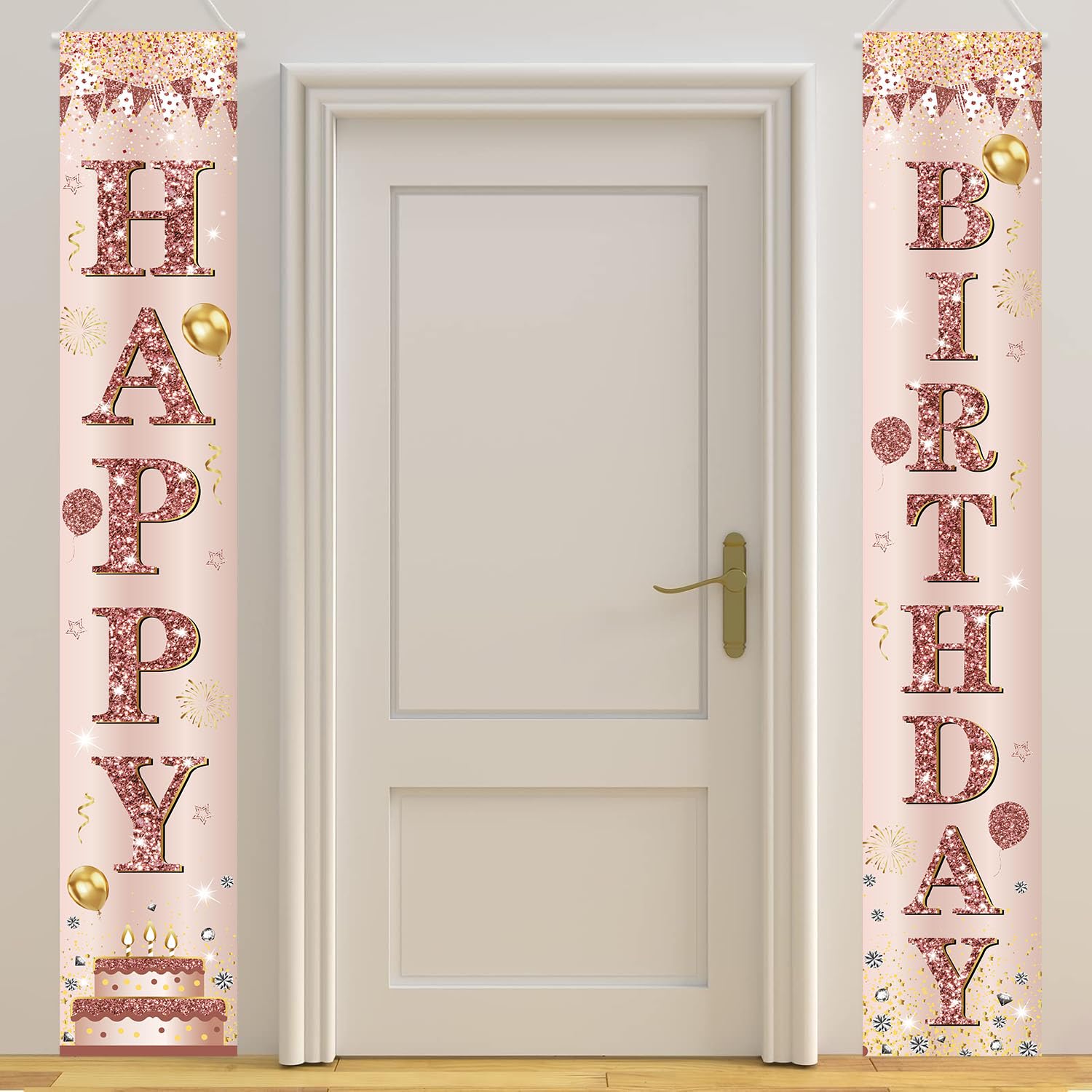 Pink Rose Gold Birthday Door Banner Decorations Happy Birthday Porch Sign Party Supplies Backdrop for Women Girls Decor Props for Outdoor Indoor