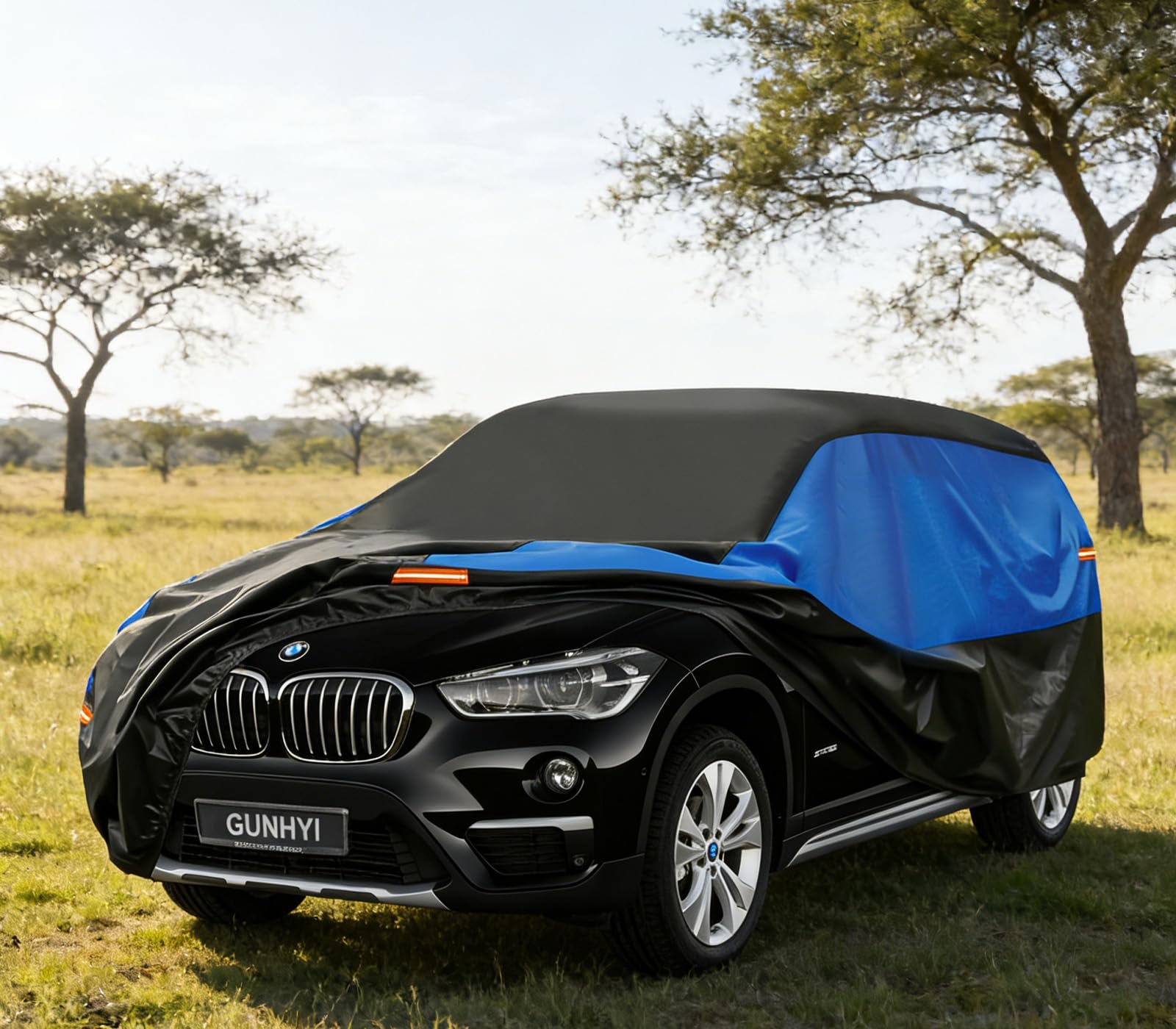 Funda Impermeable y Transpirable Gunhyi para Coche, Lona para BMW X1 E84/F48/F49, Funda para Coche Negra y Azul, Lona Completa para Garaje Que Protege de la Lluvia, el Sol y el Polvo.