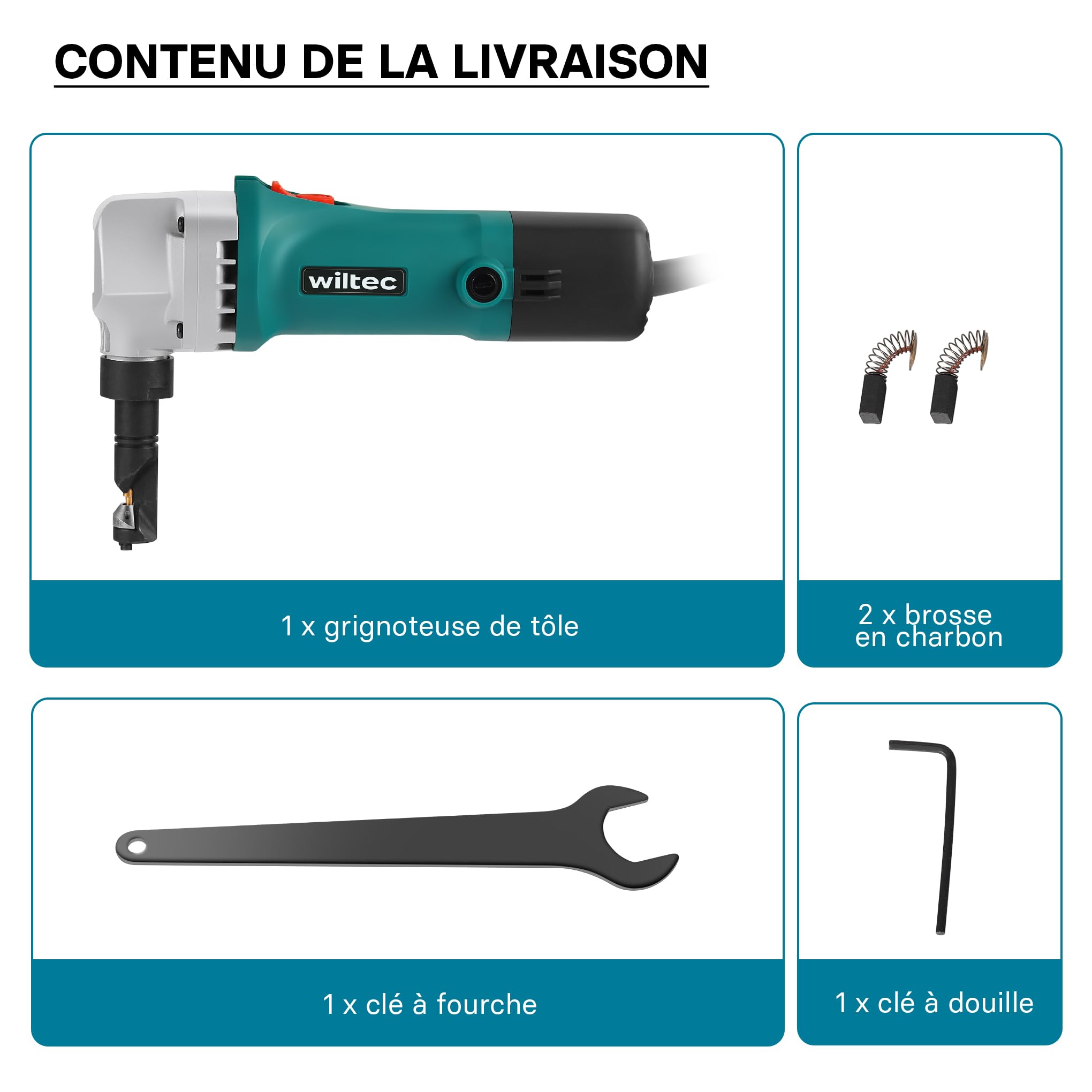WilTec Grignoteuse électrique de de tôle et Plastique – 500 W – Profondeur de Coupe 2,5 mm – 2000 TR/Min Max. – Outil de découpe de métal – Tête de Coupe orientable 360°