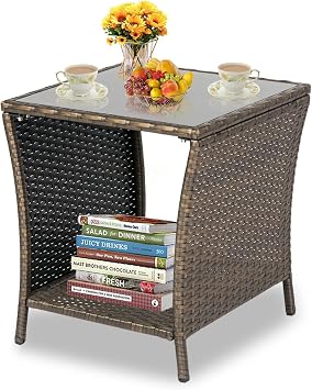kinbor Outdoor Patio Side Table - Wicker PE Rattan Patio Table, Square Coffee Table with Glass Top and Storage, Outdoor Side/End Table for Deck Pool Garden Lawn Porch Dark Blonde