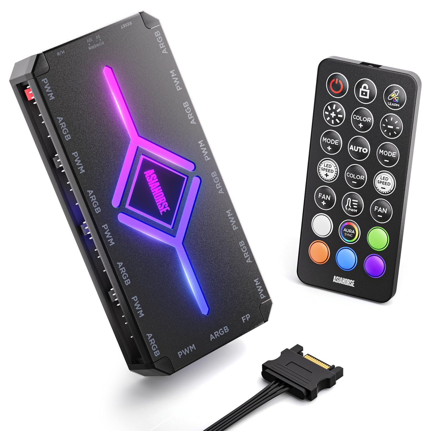 AsiaHorse ASH-1 Hub Para Ventiladores PC ARGB PWM Con Controlador [20 Efectos ARGB] [Modo Aprendizaje De Color Único] 9 Puertos PWM 4-Pin & 9 Puertos RGB 5V 3-Pin, Entrada De Alimentación SATA, Sync R