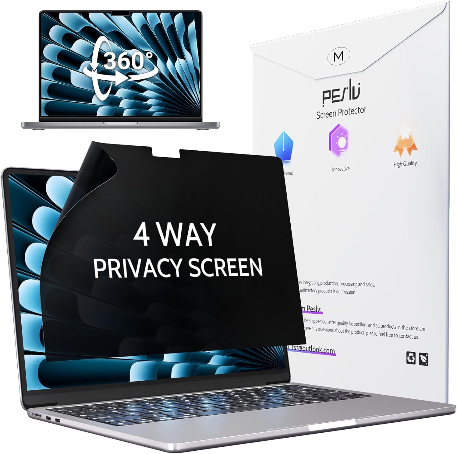Peslv 360° 4 Way Privacy Screen for MacBook Pro 14 Inch (2021-2026, M1, M2, M3, M4, M5), Anti Glare Blue Light Spy Filter Private Cover, Bubble-Free Black Security Protector for Mac Laptop
