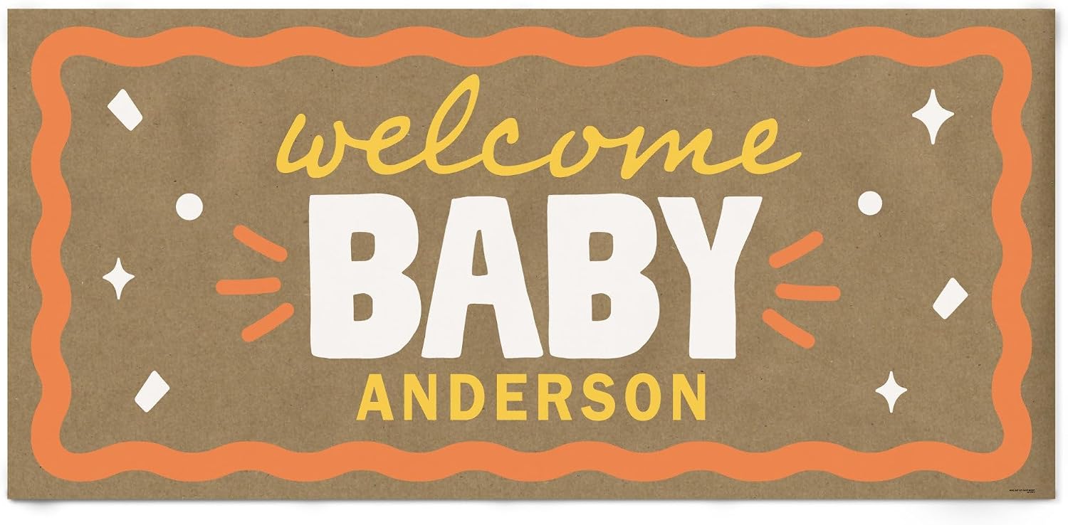 Big Dot of Happiness Light Green and Teal Wavy Personalized Welcome Baby Kraft Paper Banner, Retro Baby Shower Banner Backdrop, Custom Name Printed Brown Paper Party Sign Decoration – 1 Count