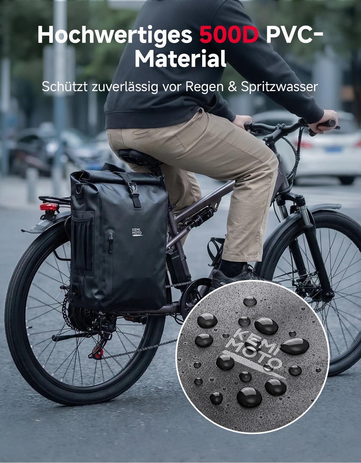 KEMIMOTO Sacoche de Vélo Étanche 27 L, Sacoche Velo Porte Bagage Arriere avec Compartiment pour Ordinateur Portable, Sac 3 en 1 Convertible en Sac à Dos et Sac Bandoulière avec Poignée et Bandoulière