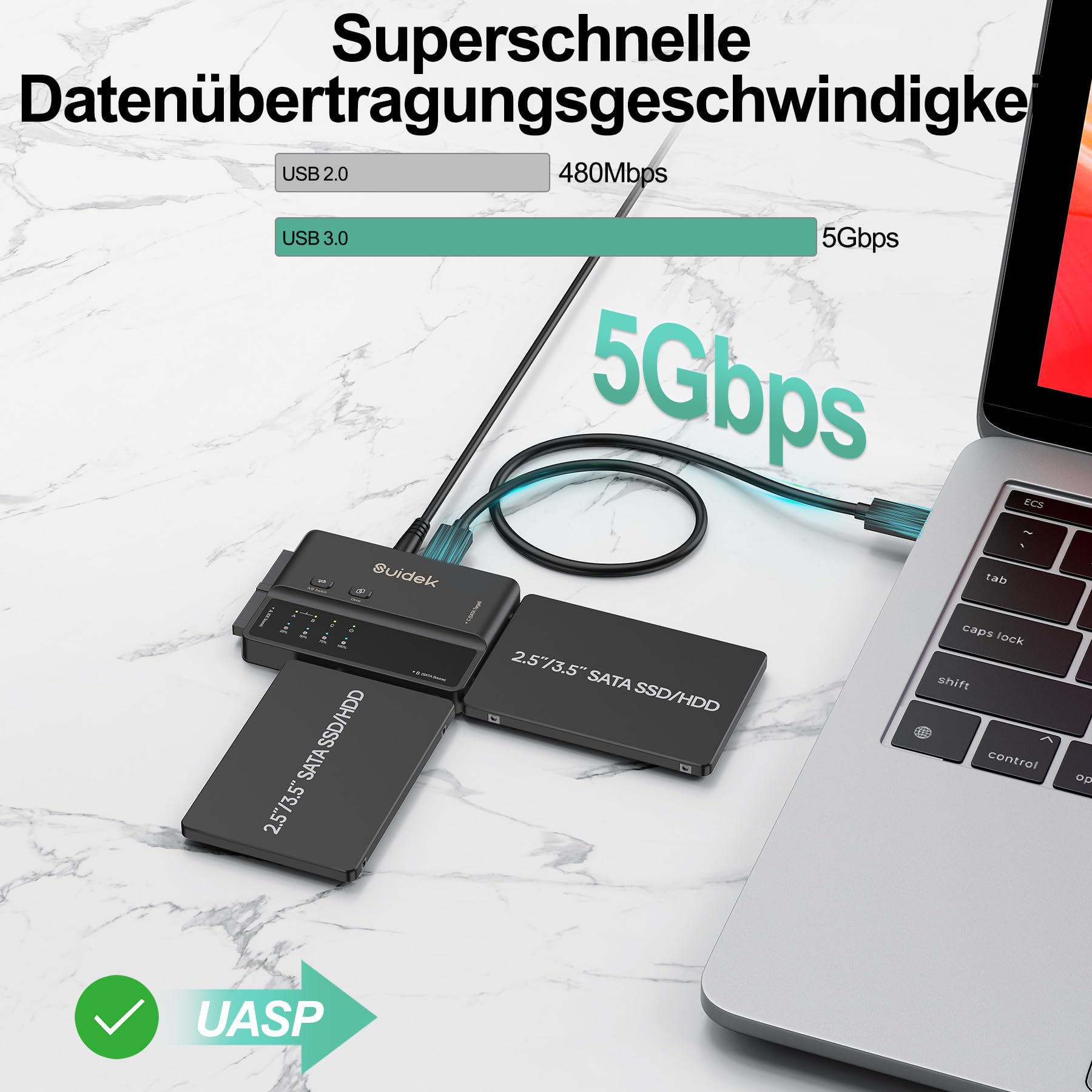 SUIDEK USB 3.0 auf IDE und SATA Adapter, Type-C Externer Festplattenleser Konverter mit 5 Gbps für 2,5"/3,5" SATA HDDs, SSDs und 3,5" IDE HDDs mit Offline Klonfunktion, Inklusive 12V/2A Netzteil