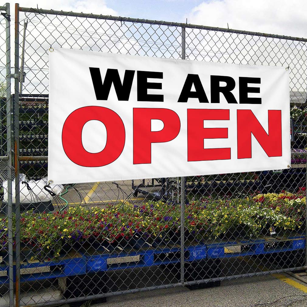 Cartel de vinilo de varios tamaños con texto en inglés "We are open", color negro, rojo, negocios, resistente a la intemperie