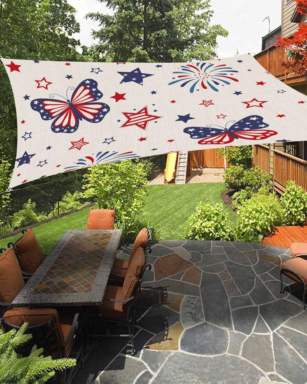 Waterproof Sun Shade Sail Independence Day Blue Red Firework Star Butterfly Linen Texture Outdoor Patio Sun Shades Canopy UV Block Water Resistant Sunshade for Garden Backyard Deck Pergola 14x18 Ft