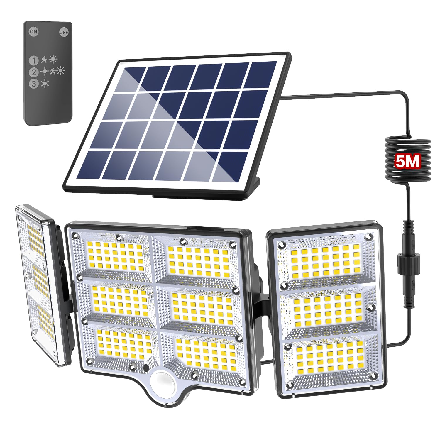 WEISHAN Solar Lights Outdoor 334LED Security Lights with Remote Control,3 Heads Motion Sensor Lights, IP65 Waterproof,270° Wide Angle Flood Wall Lights with 3 Modes Wall Lamp Bracket Light