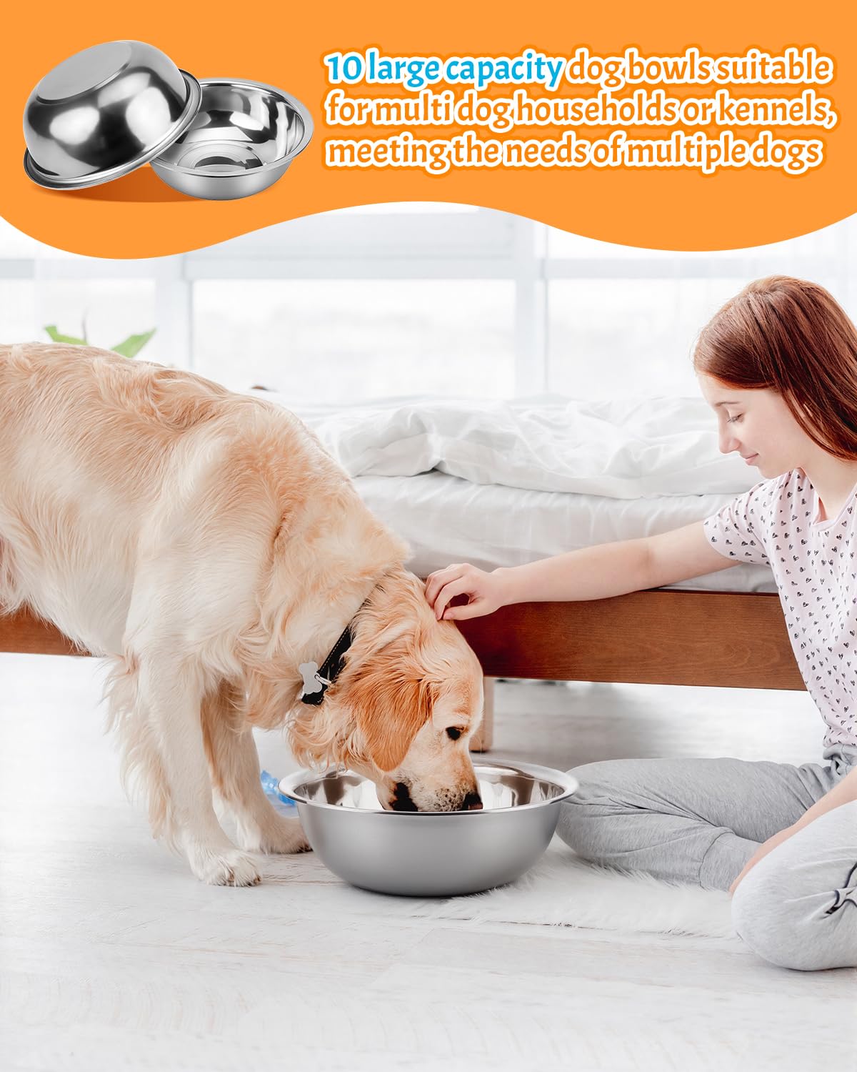 Set di 10 ciotole per cani in acciaio inox, 2,4 g/10,75 tazze, ciotole in metallo per cibo e acqua, ciotola grande per acqua o ciotola per animali domestici, per interni o esterni, lavabili in