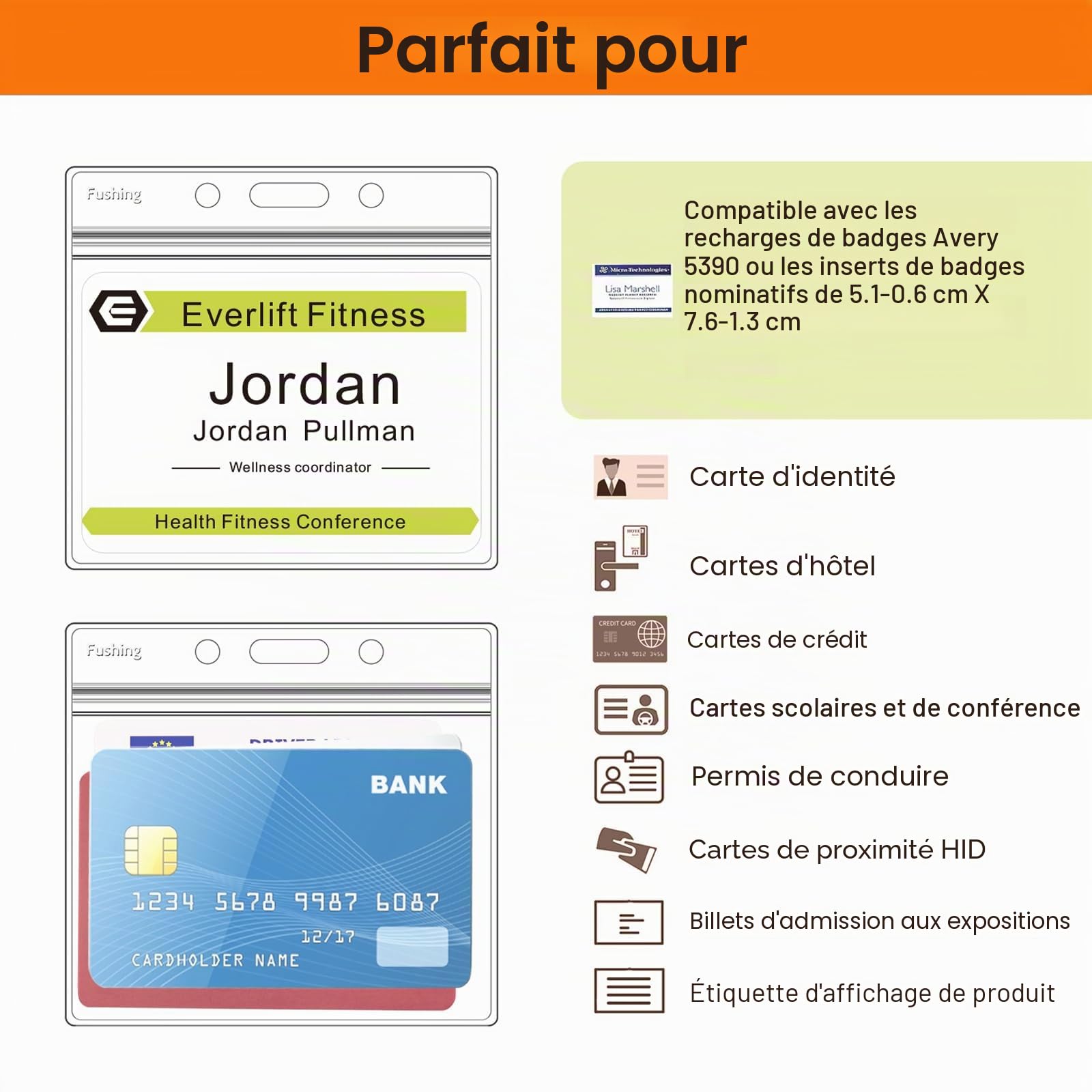 Fushing 100pcs Porte-cartes d'identité avec étiquette en plastique transparent