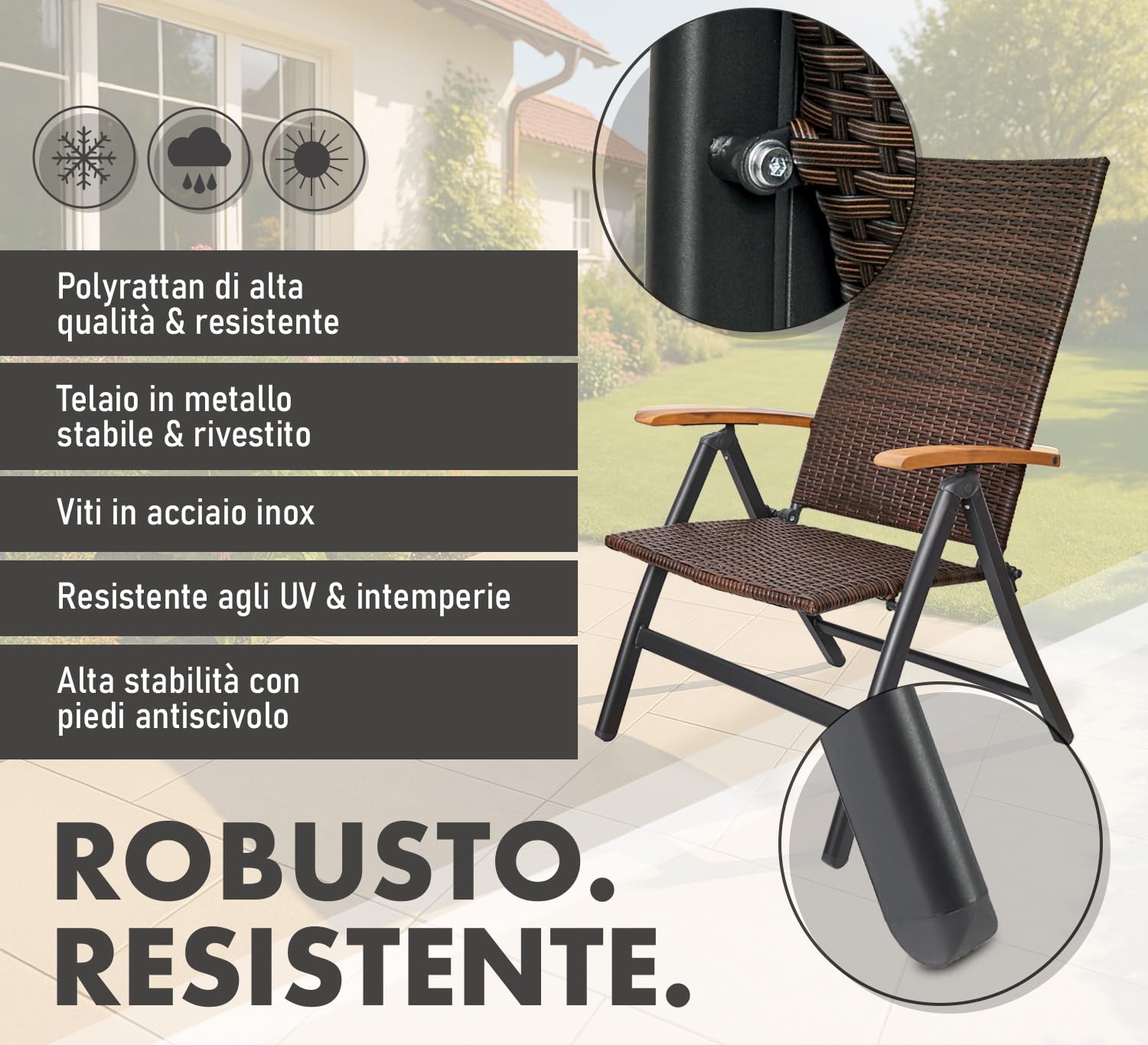 Brubaker Modena Sedia da Giardino in Poli Rattan - Sedie con Schienale Alto Pieghevole - Schienale Regolabile in 7 Posizioni - Metallo - Resistente alle Intemperie - Marrone/Grigio