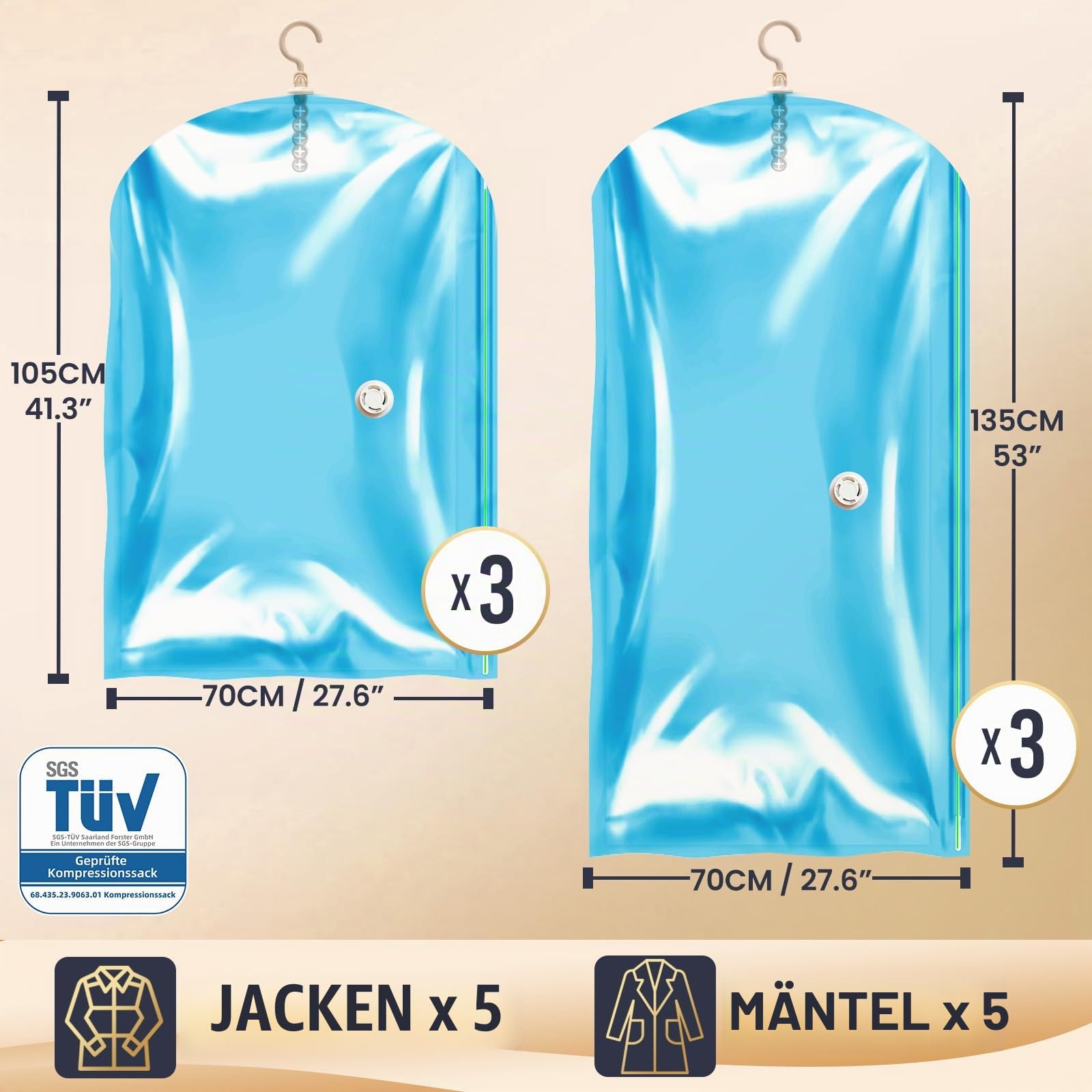 TAILI Vakuumbeutel für Kleidung Hängend, Vacuum Bags for Clothing Vakuumierbeutel Kleidung Mit Kleiderhaken Aufbewahren von Jacken, Anzüge und Kleid Vakuum Platzsparer für Zuhause Reise,6 Combo | Vakuumierbeutel Kleidung Mit Kleiderhaken Aufbewahren von J