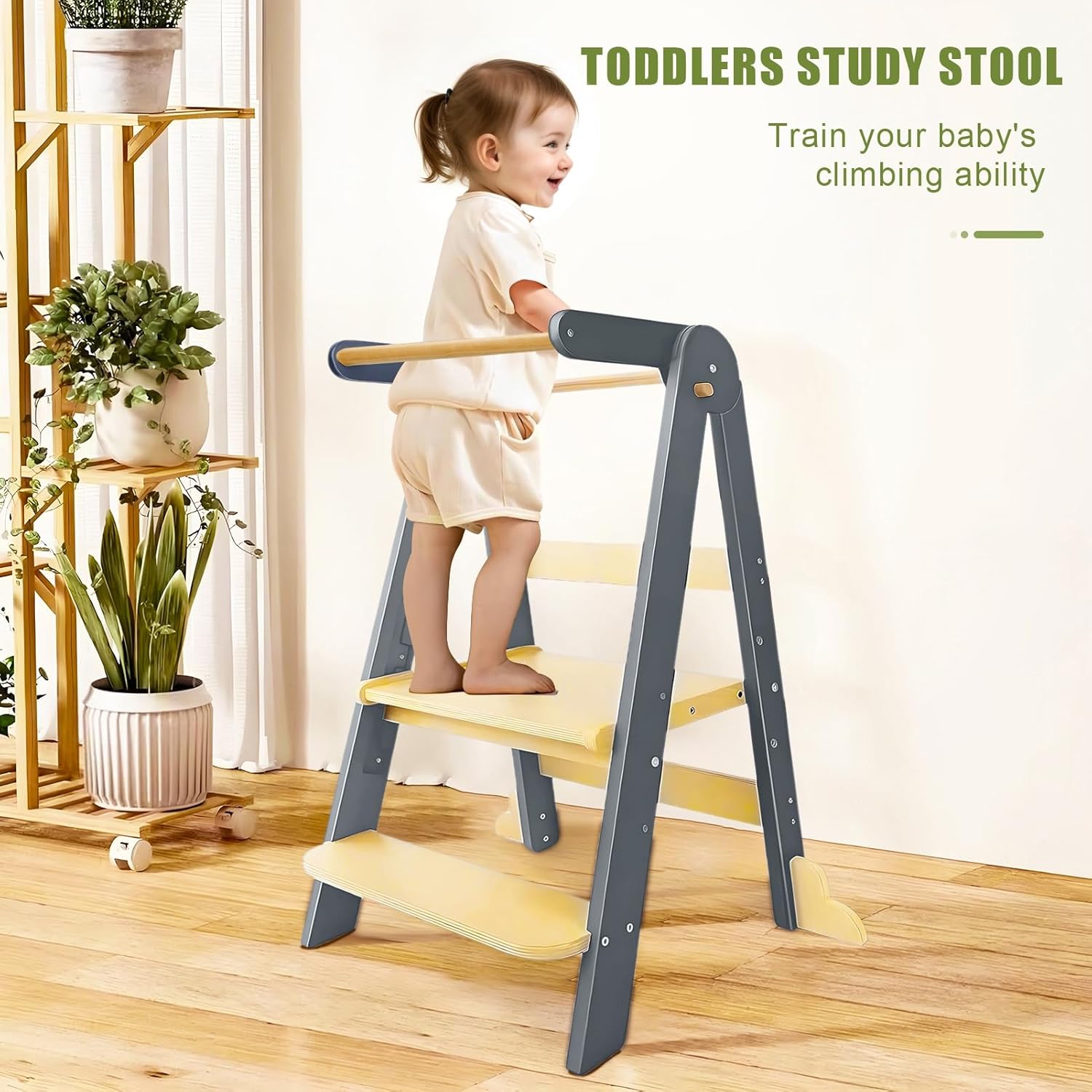 Foldable Toddler Kitchen Tower, Kids Learning Standing Tower Collapsible Toddler Montessori Kitchen Stools Beige